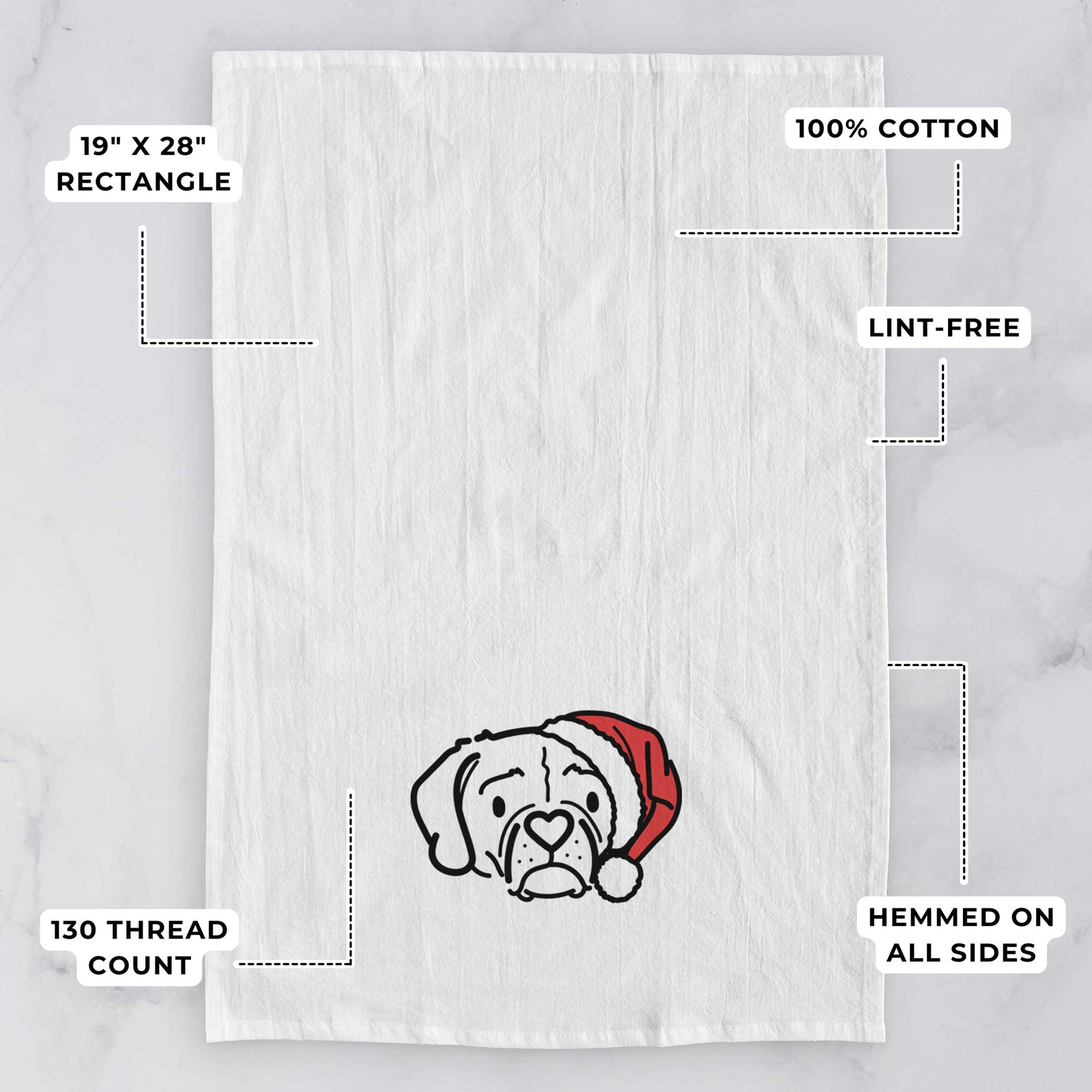 Minimalist line drawing of Mitzi the Puggle wearing a Santa hat on a tea towel, with feature callouts: 19 x 28 inch rectangle, 100% cotton, lint-free, 120 thread count, hemmed on all sides