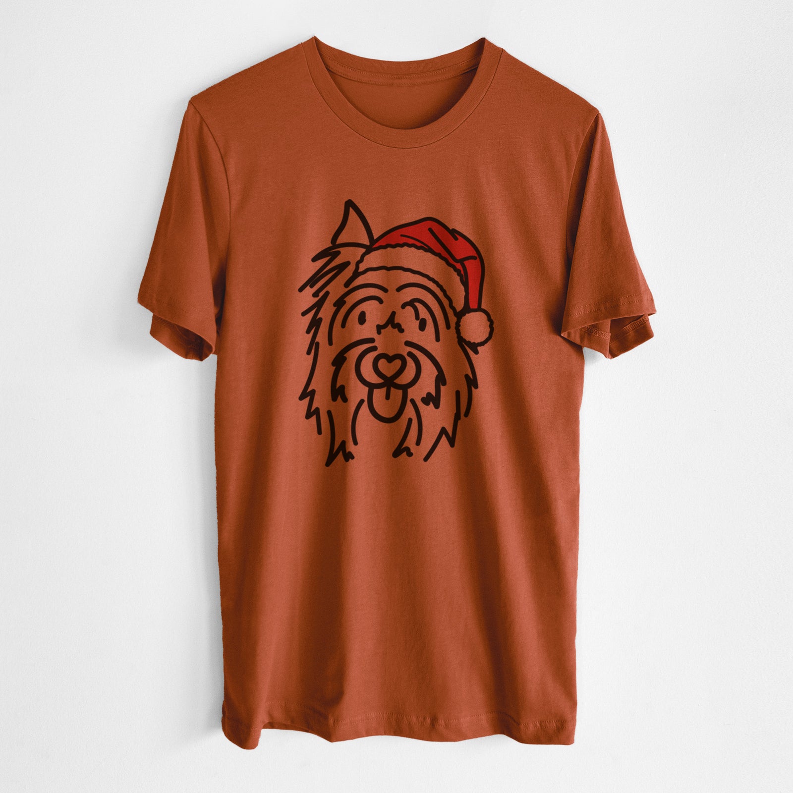 Minimalist line drawing of Monty the Silky Terrier wearing a Santa hat on an Autumn Unisex crewneck, worn by a man