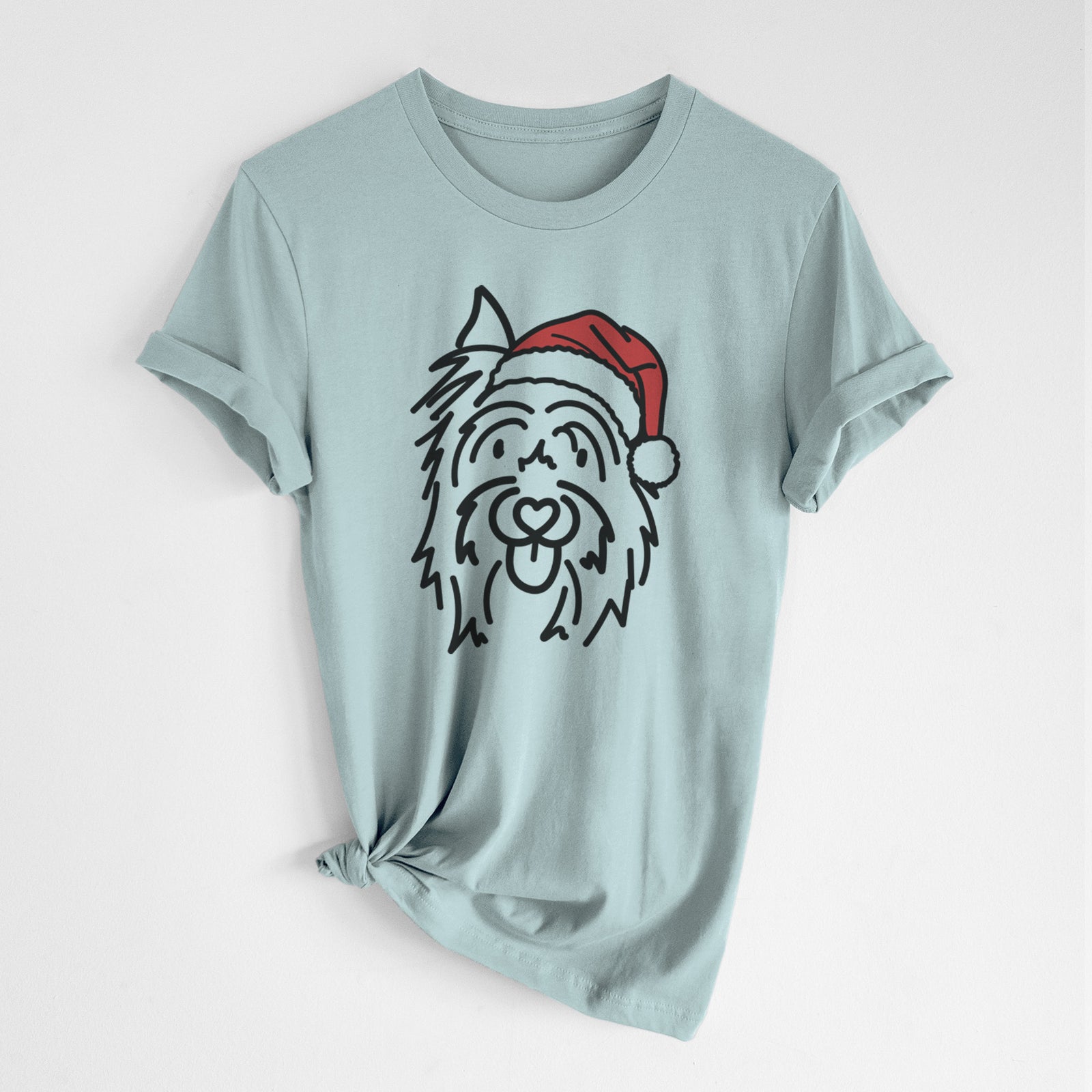 Minimalist line drawing of Monty the Silky Terrier wearing a Santa hat on a Dusty Blue Unisex crewneck, worn by a woman