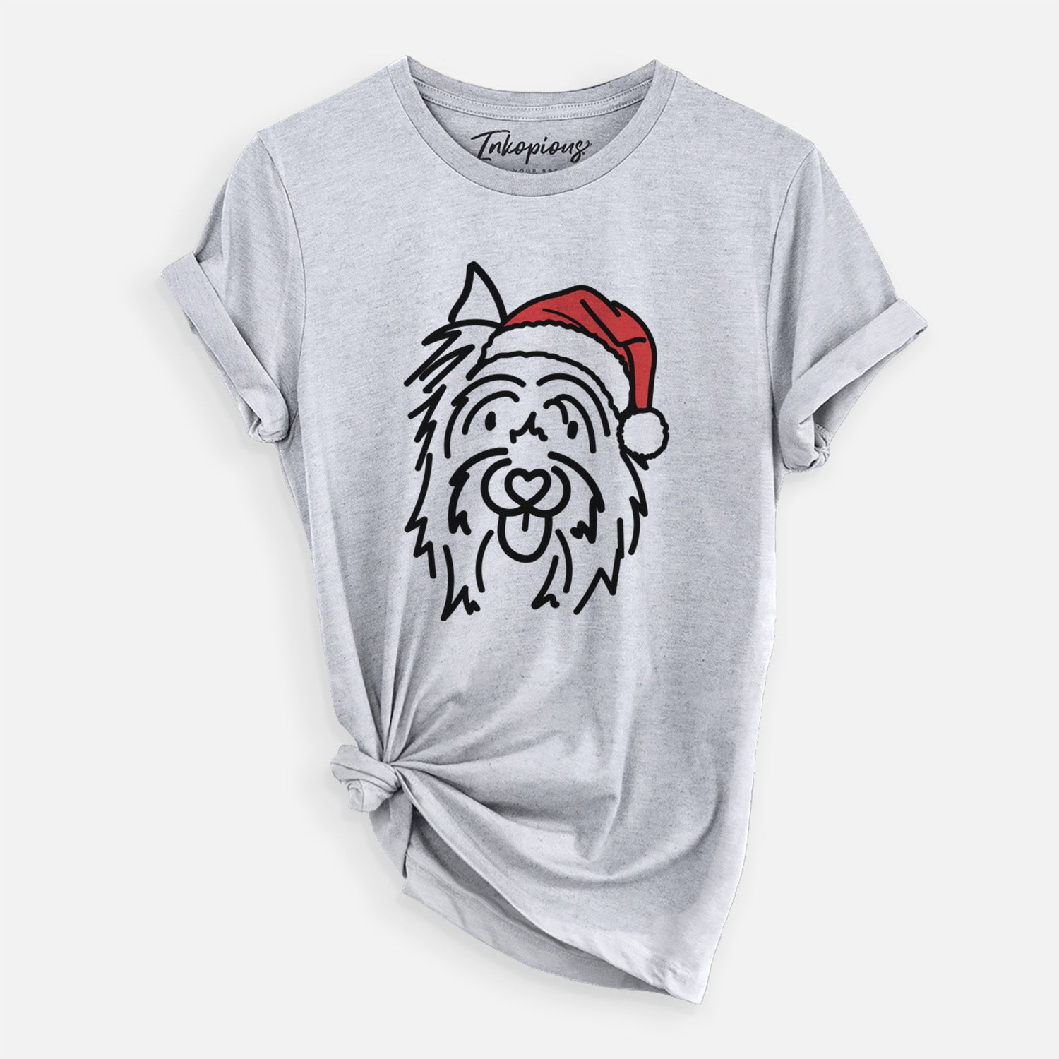 Minimalist line drawing of Monty the Silky Terrier wearing a Santa hat on a Grey Unisex crewneck, worn by a woman