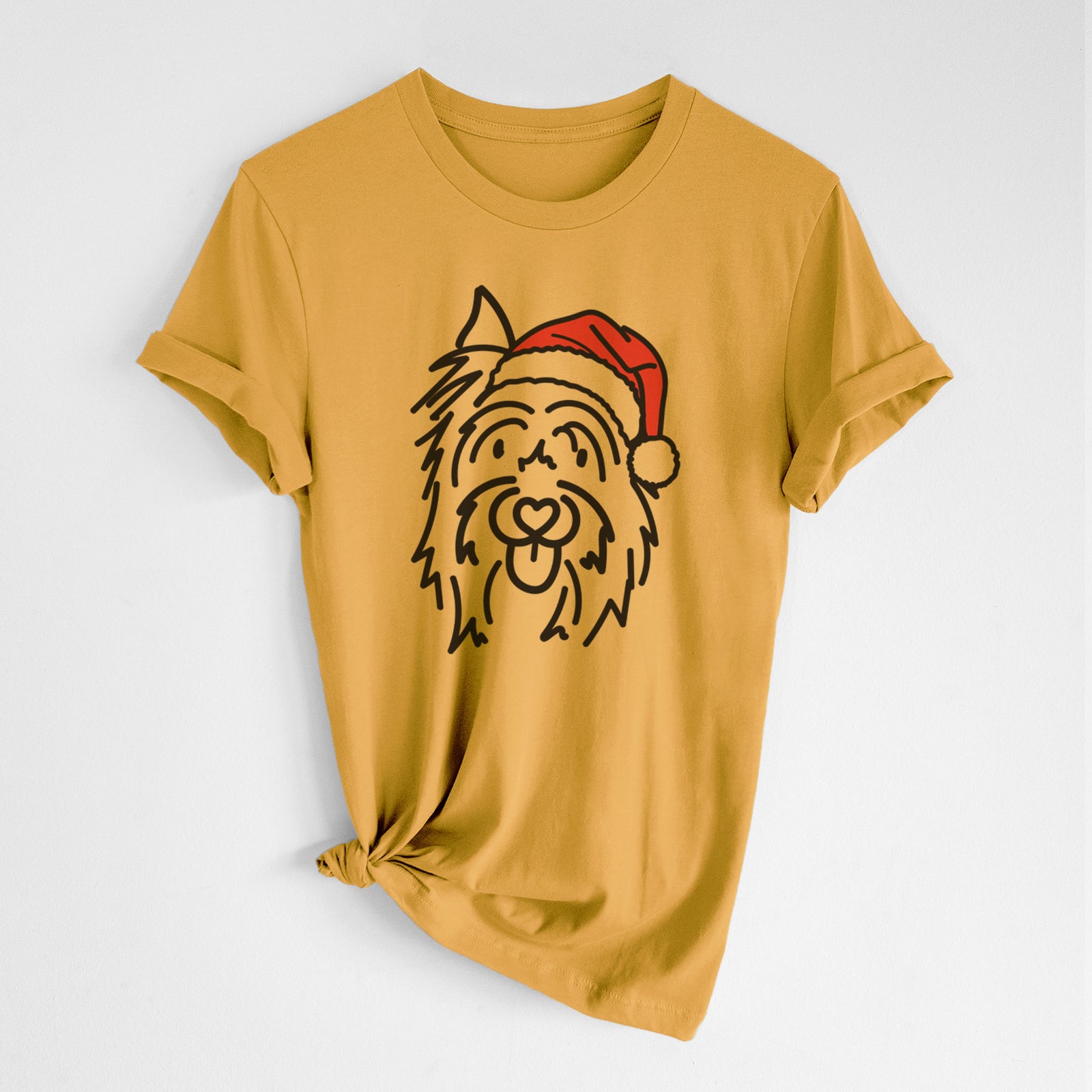 Minimalist line drawing of Monty the Silky Terrier wearing a Santa hat on a Honeycomb Unisex crewneck, worn by a woman
