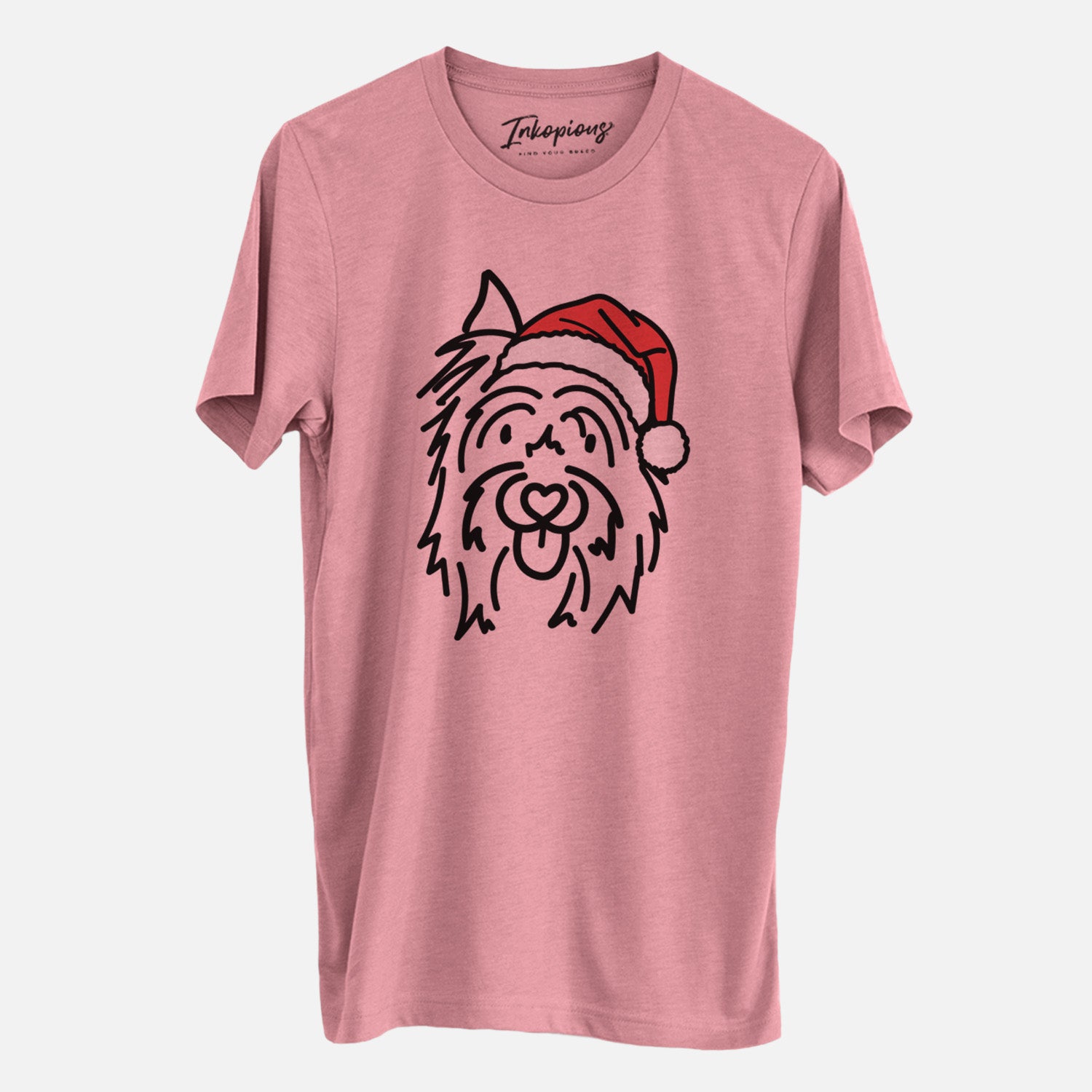 Minimalist line drawing of Monty the Silky Terrier wearing a Santa hat on a Mauve Unisex crewneck, worn by a man
