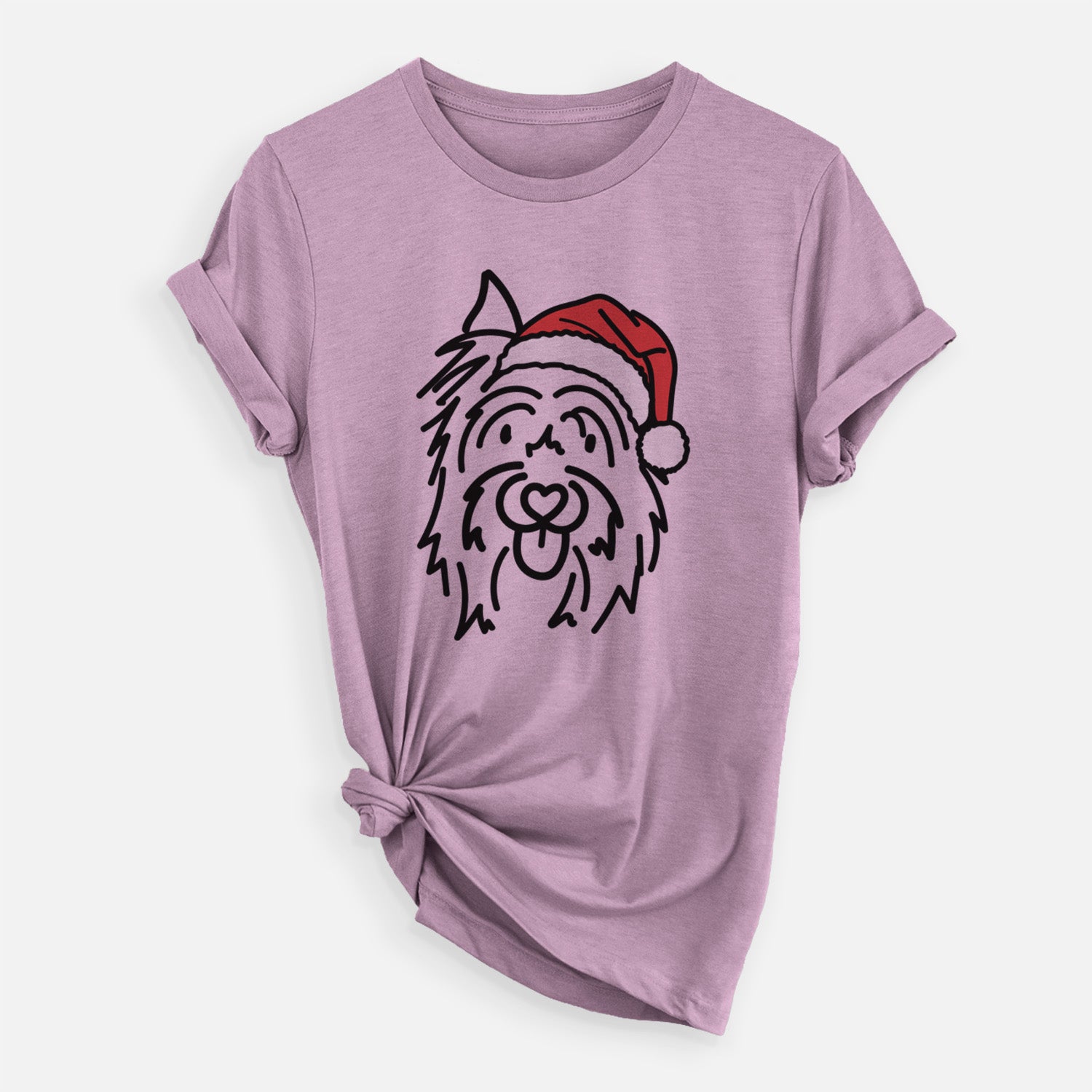 Minimalist line drawing of Monty the Silky Terrier wearing a Santa hat on an Orchid Unisex crewneck, worn by a woman