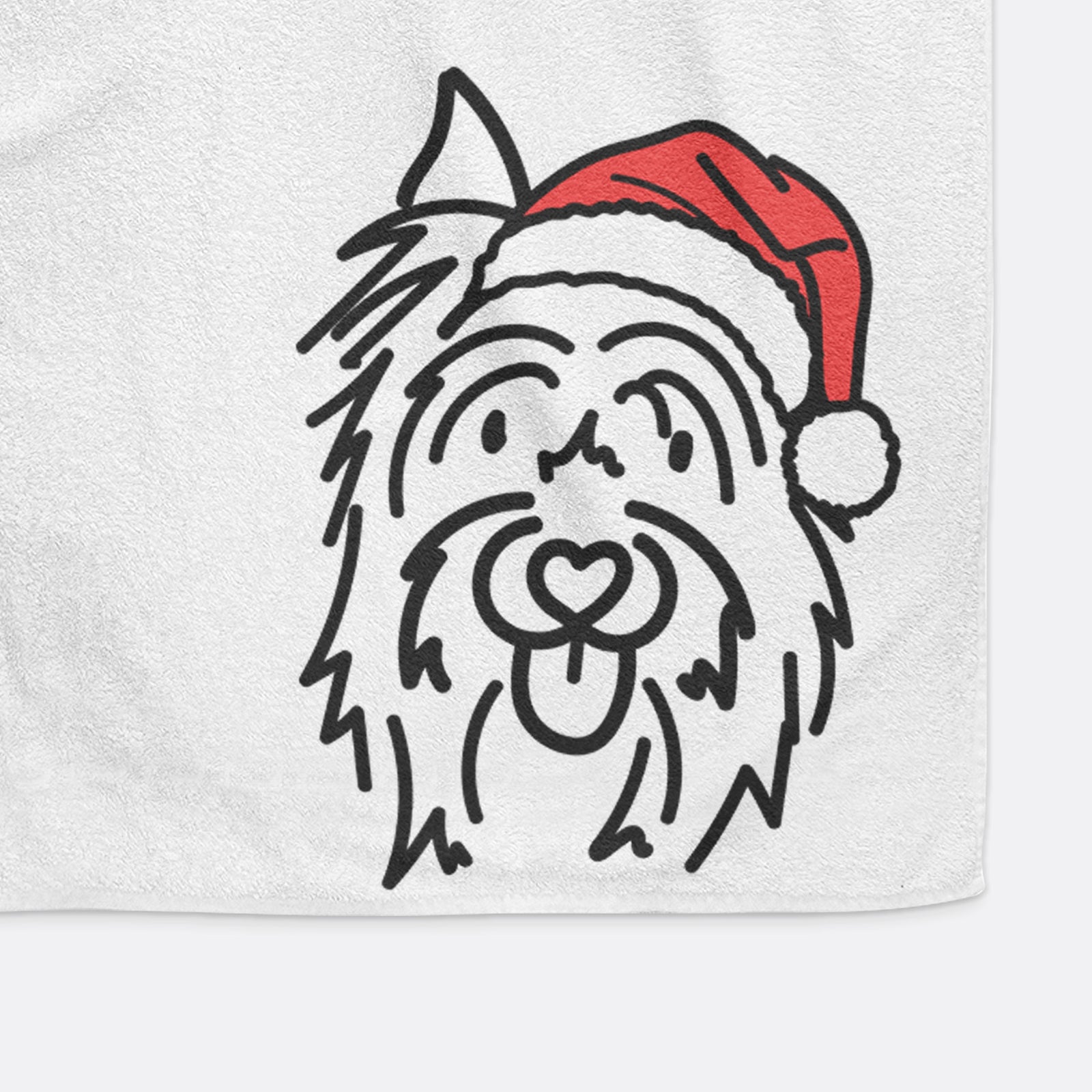 Minimalist line drawing of Monty the Silky Terrier wearing a Santa hat on a hand towel