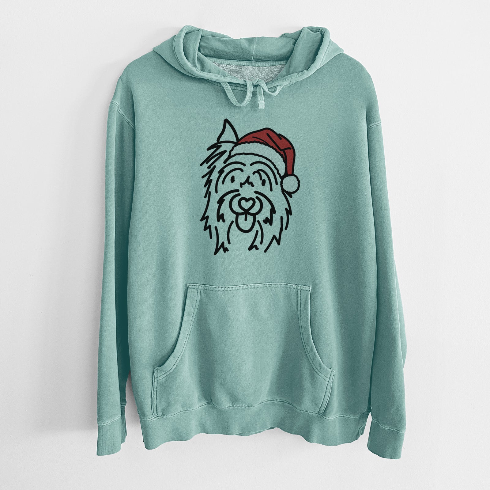 Minimalist line drawing of Monty the Silky Terrier wearing a Santa hat on a Mint Unisex pigment dyed hoodie