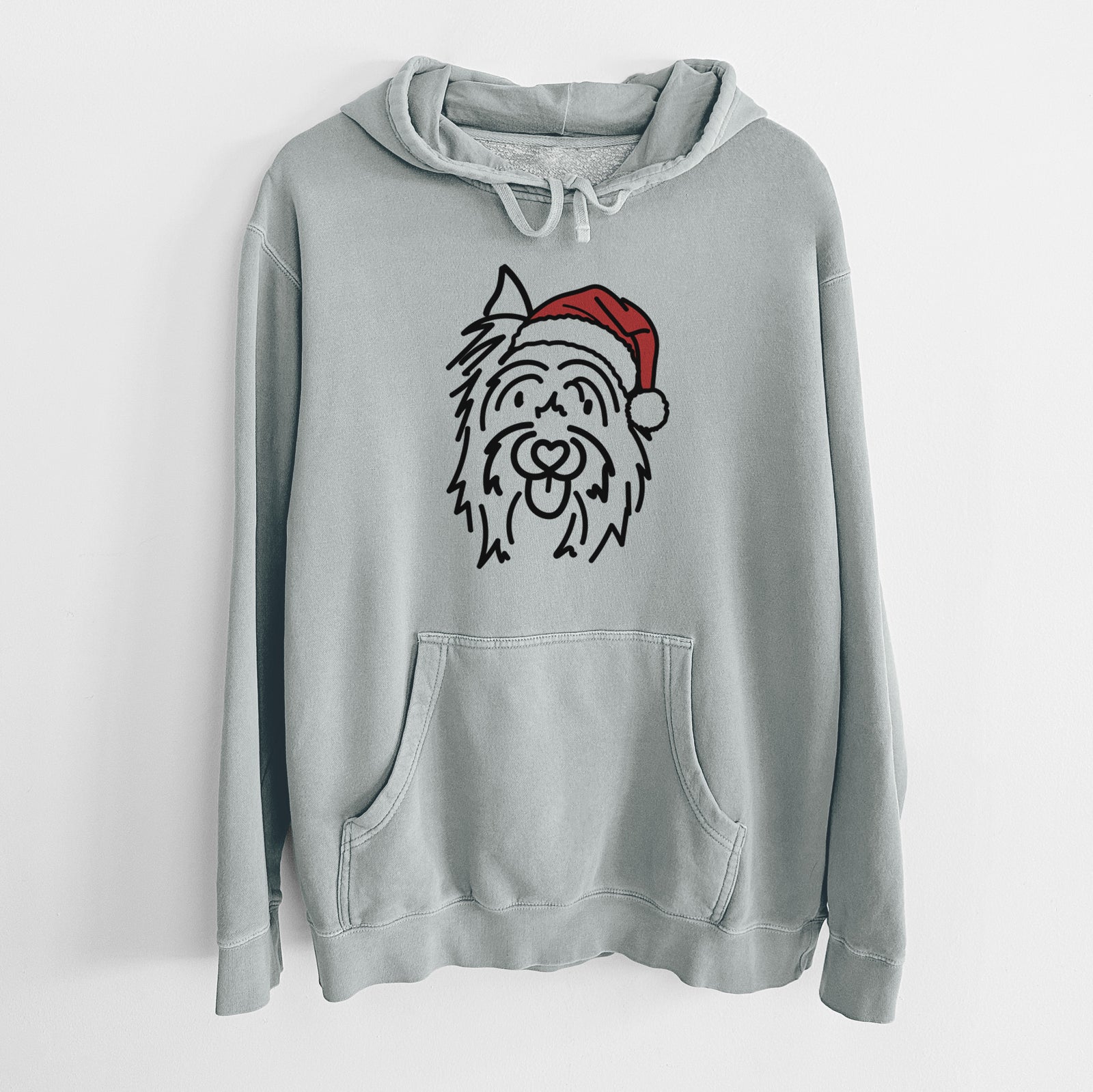 Minimalist line drawing of Monty the Silky Terrier wearing a Santa hat on a Sage Unisex pigment dyed hoodie