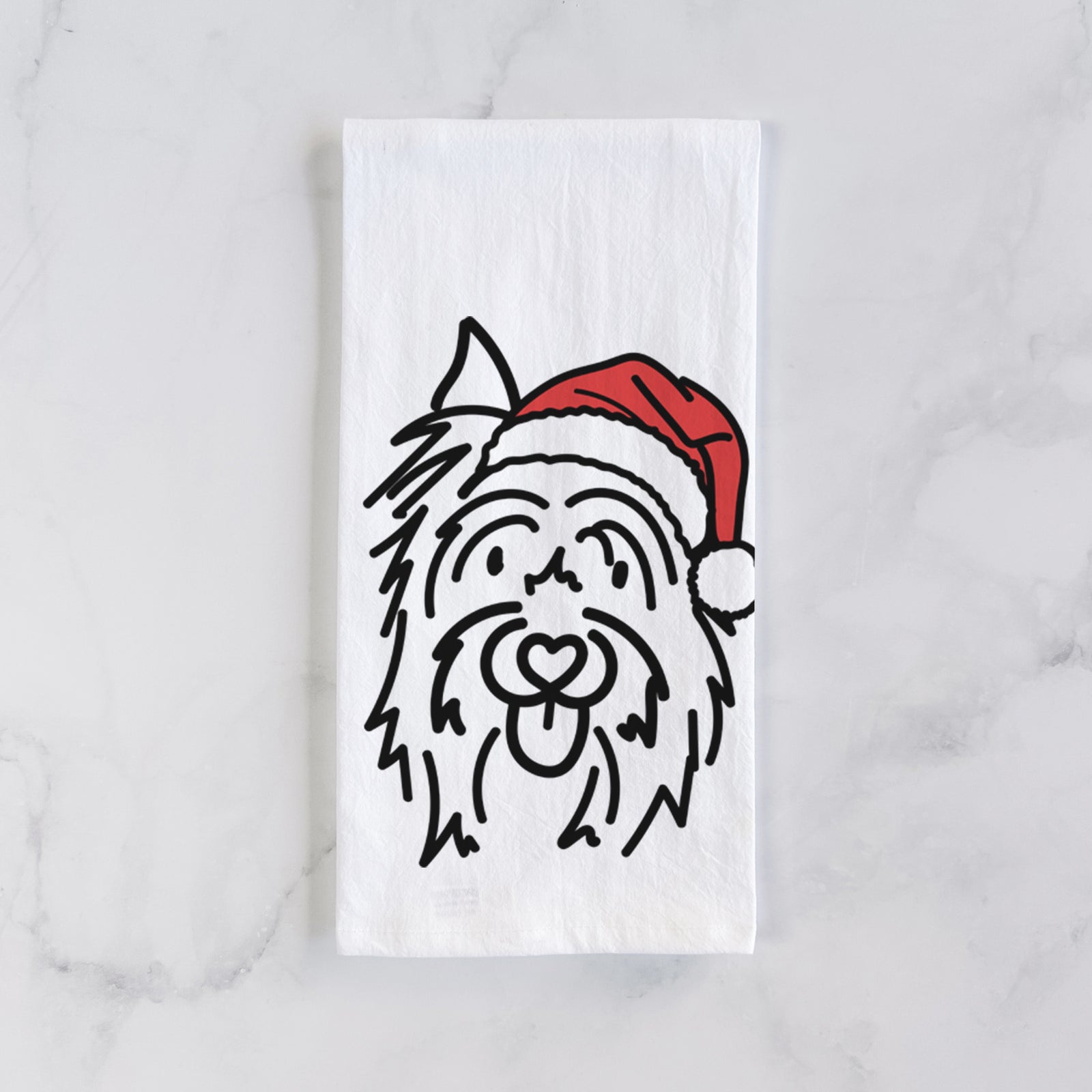 Minimalist line drawing of Monty the Silky Terrier wearing a Santa hat on a tea towel