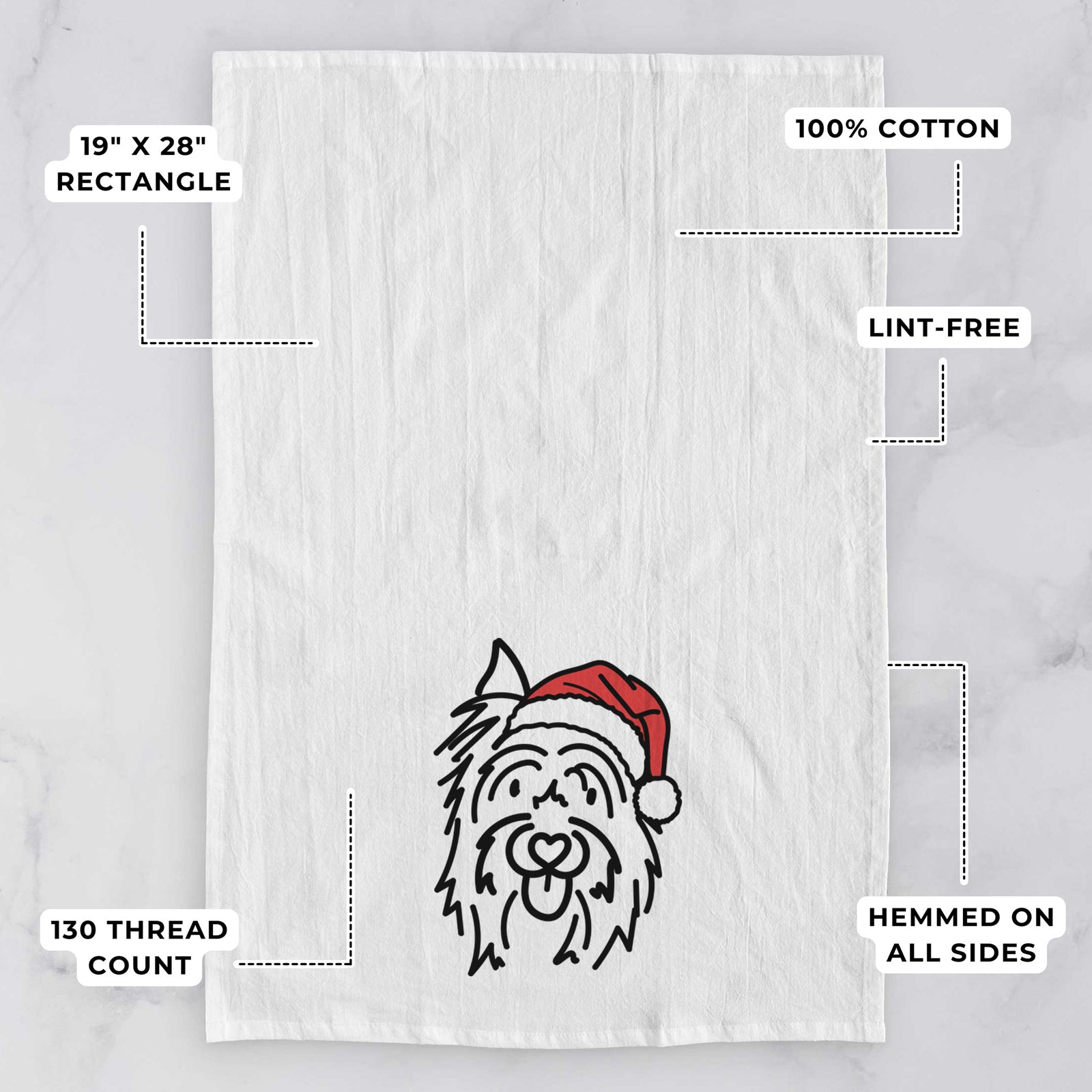Minimalist line drawing of Monty the Silky Terrier wearing a Santa hat on a tea towel, with feature callouts: 19 x 28 inch rectangle, 100% cotton, lint-free, 120 thread count, hemmed on all sides