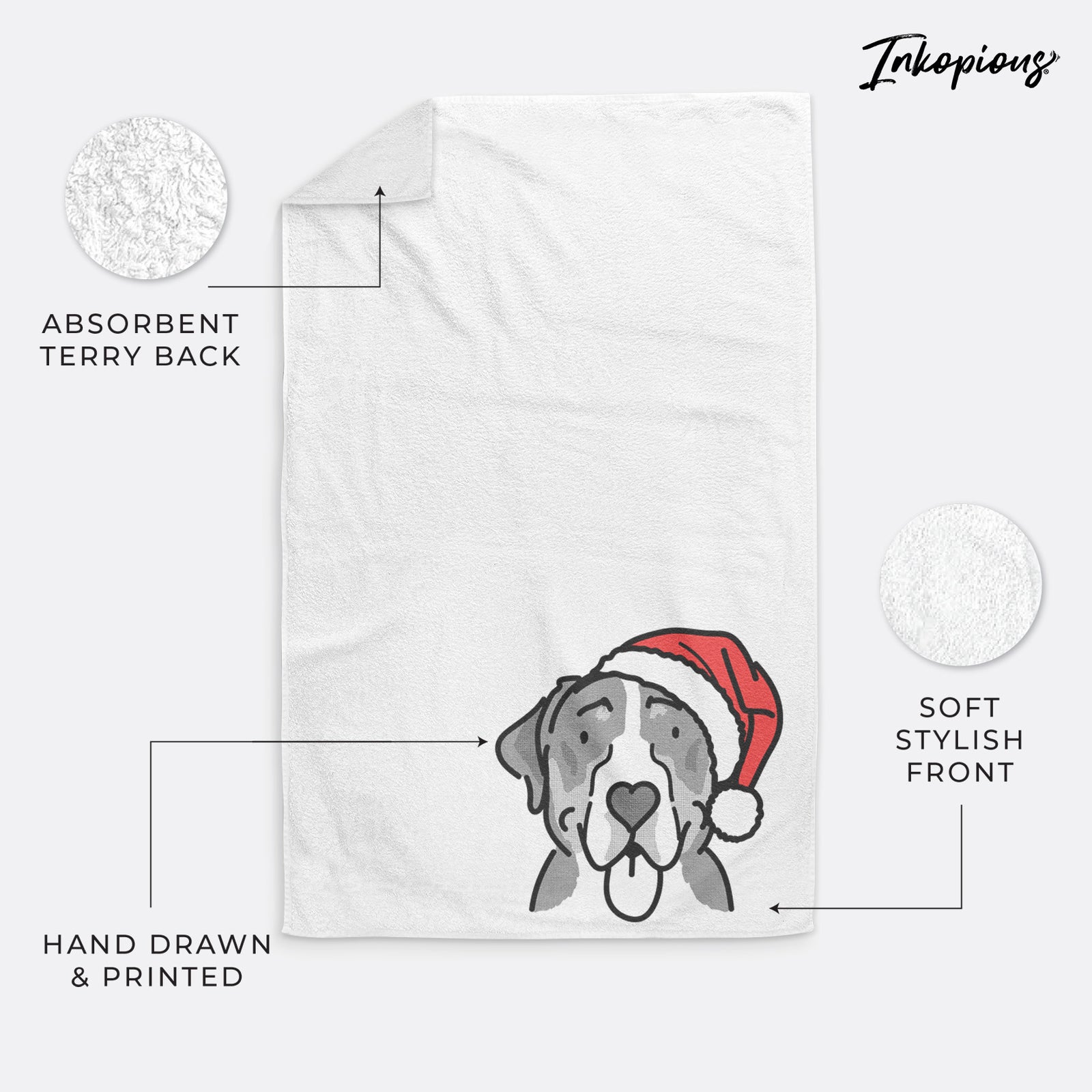 Minimalist line drawing of Moose the Greater Swiss Mountain Dog wearing a Santa hat on a hand towel