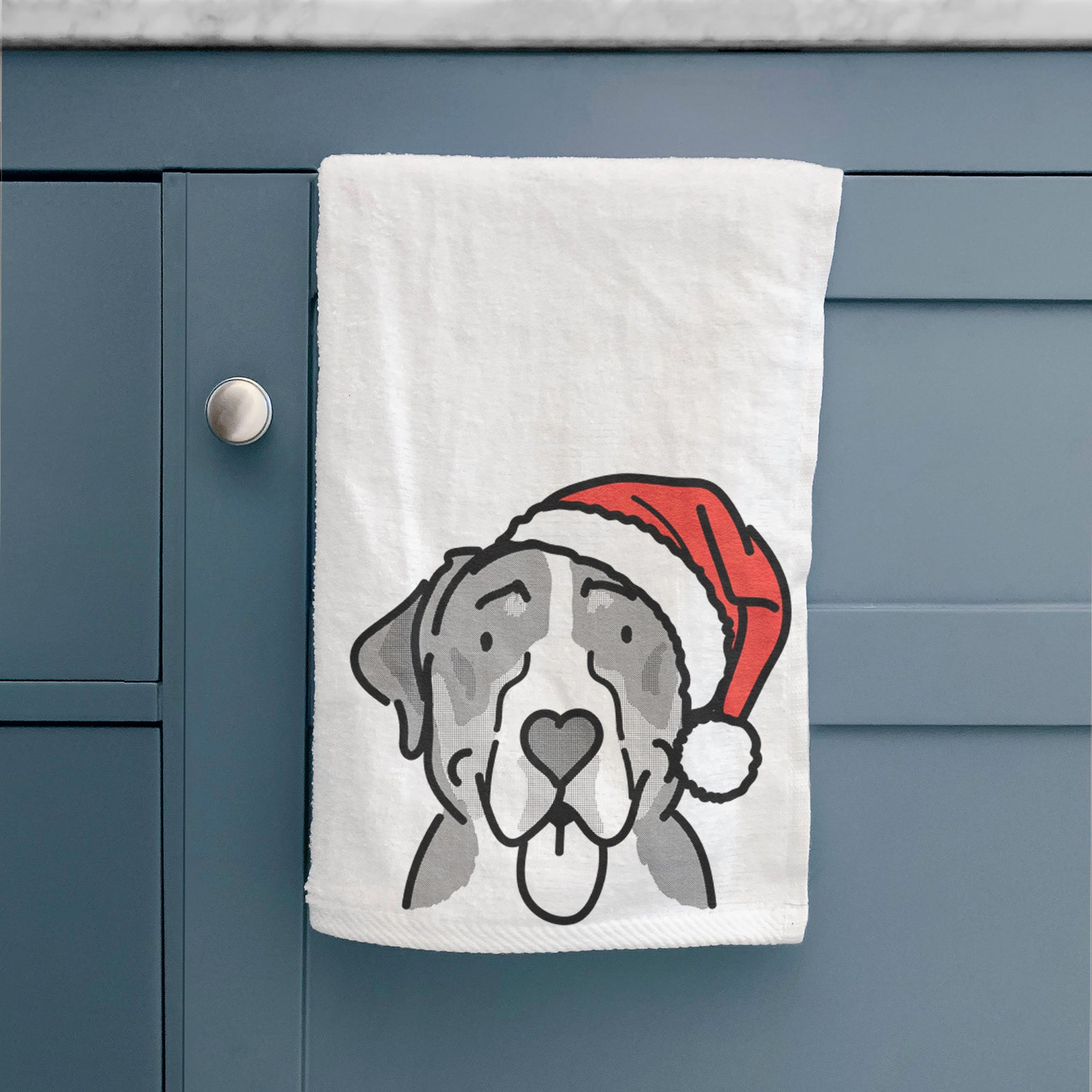 Minimalist line drawing of Moose the Greater Swiss Mountain Dog wearing a Santa hat on a hand towel