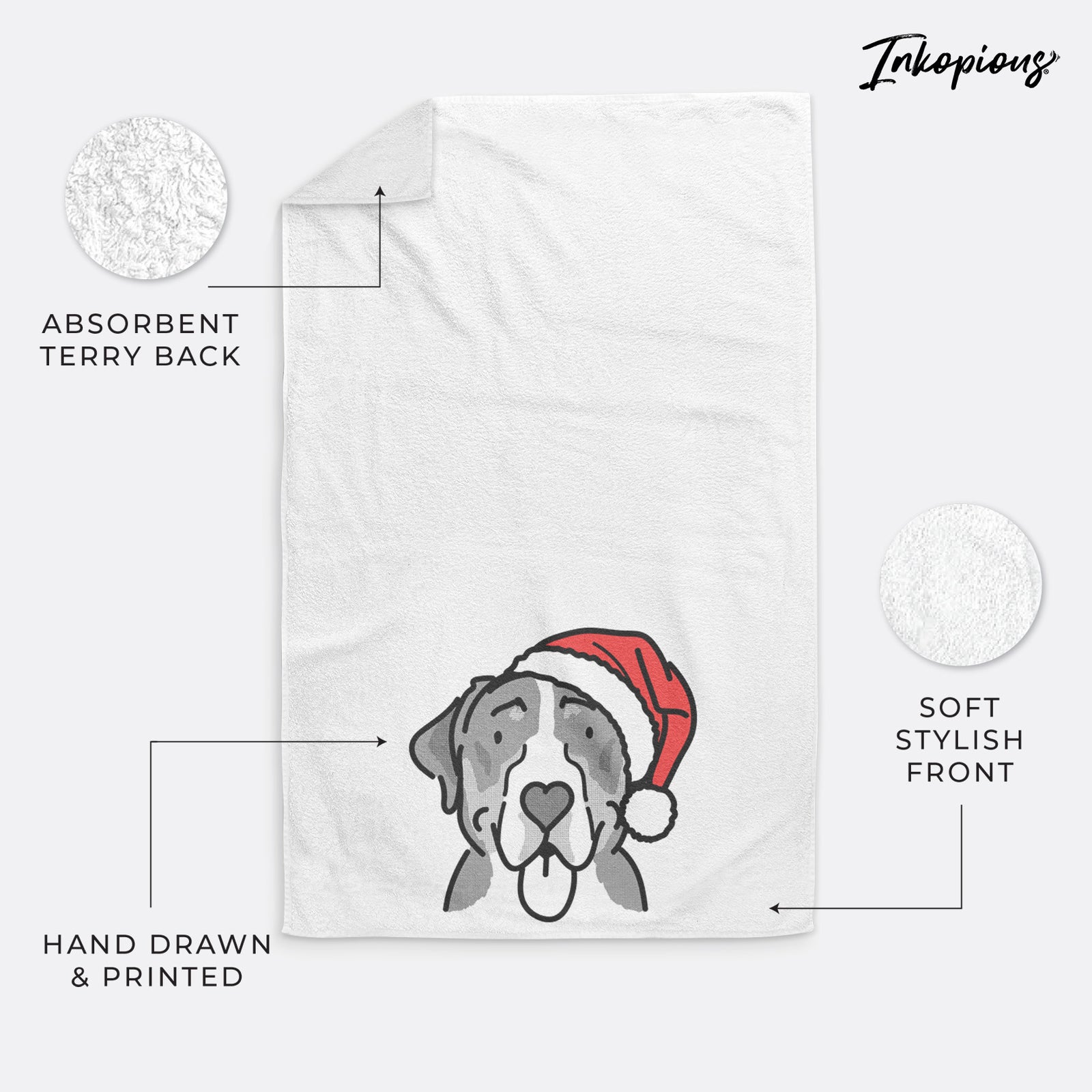 Minimalist line drawing of Moose the Greater Swiss Mountain Dog wearing a Santa hat on a hand towel