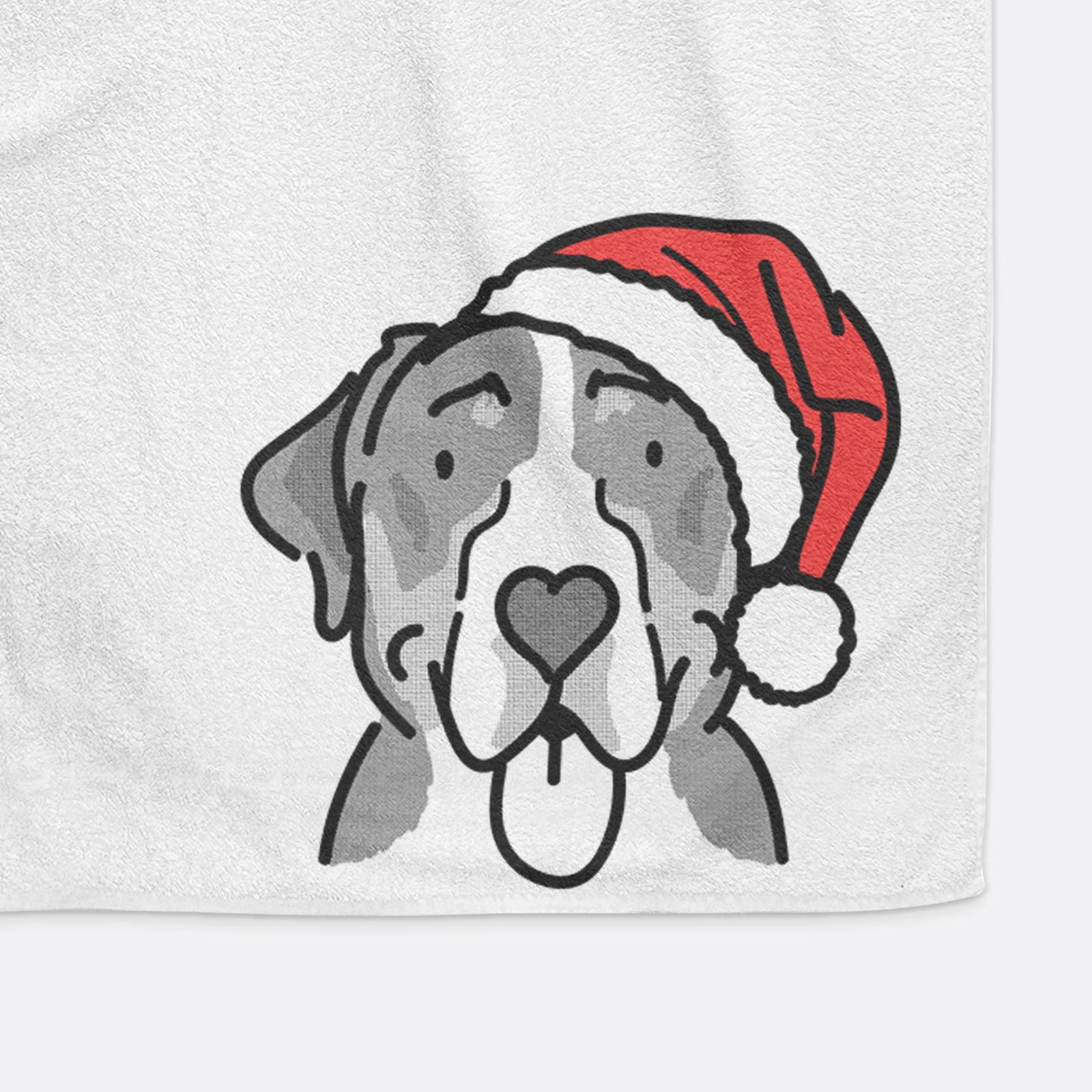 Minimalist line drawing of Moose the Greater Swiss Mountain Dog wearing a Santa hat on a hand towel