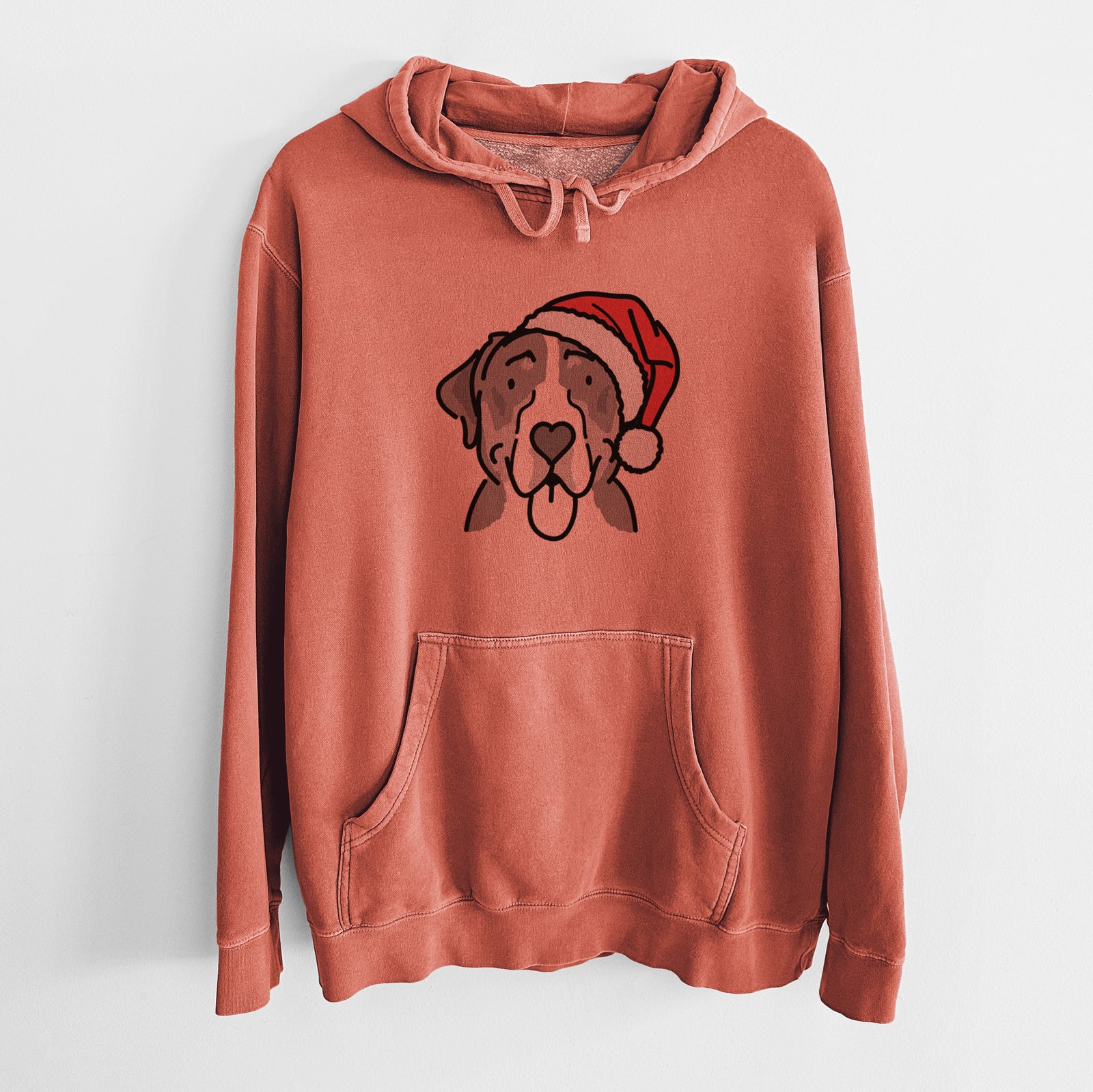 Minimalist line drawing of Moose the Greater Swiss Mountain Dog wearing a Santa hat on an Amber Unisex pigment dyed hoodie