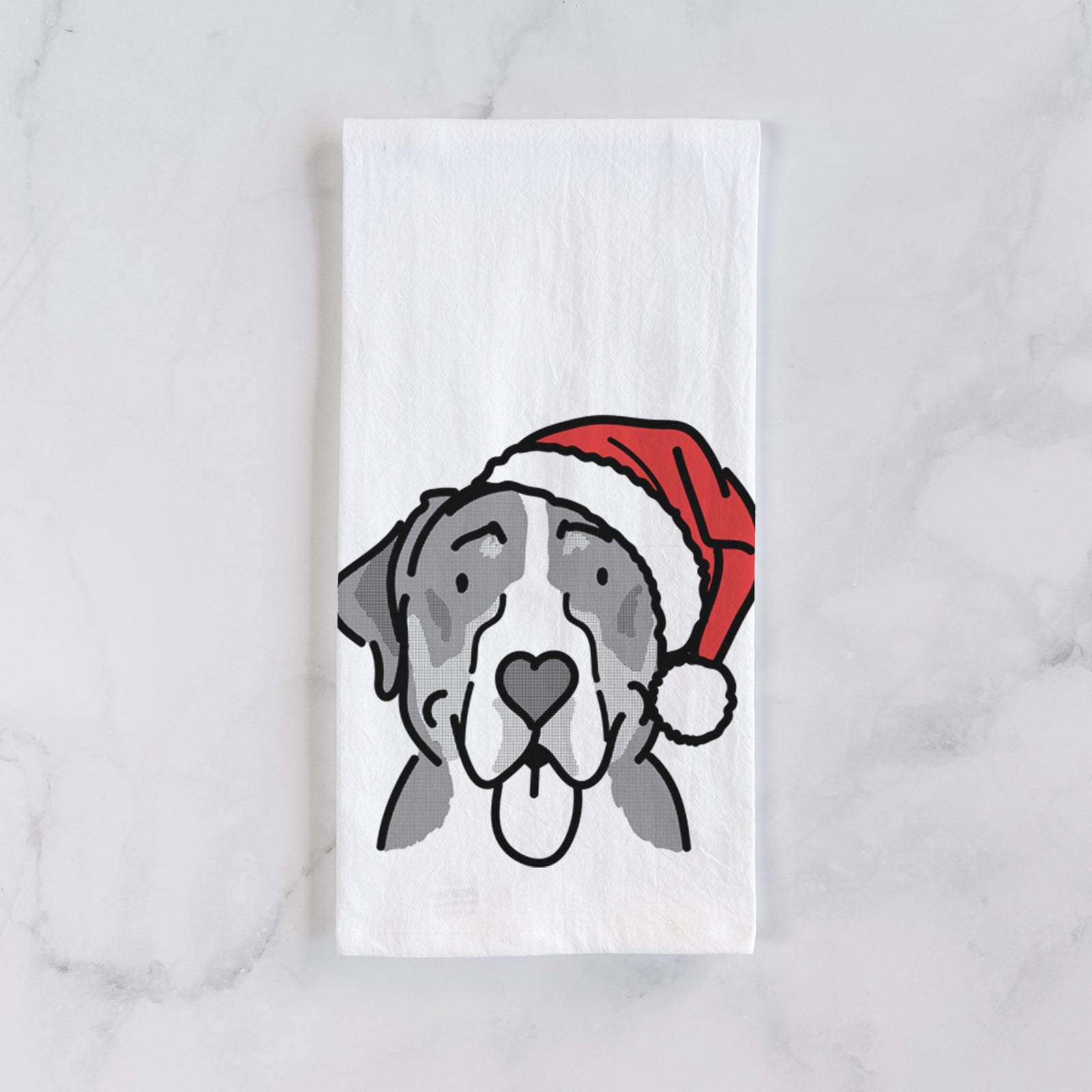 Minimalist line drawing of Moose the Greater Swiss Mountain Dog wearing a Santa hat on a tea towel