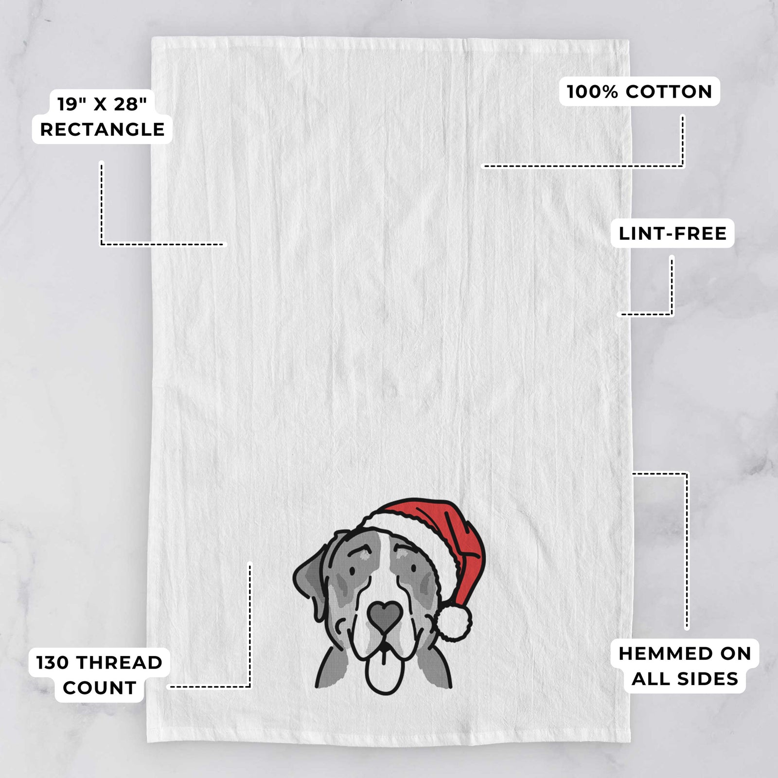 Minimalist line drawing of Moose the Greater Swiss Mountain Dog wearing a Santa hat on a tea towel, with feature callouts: 19 x 28 inch rectangle, 100% cotton, lint-free, 120 thread count, hemmed on all sides