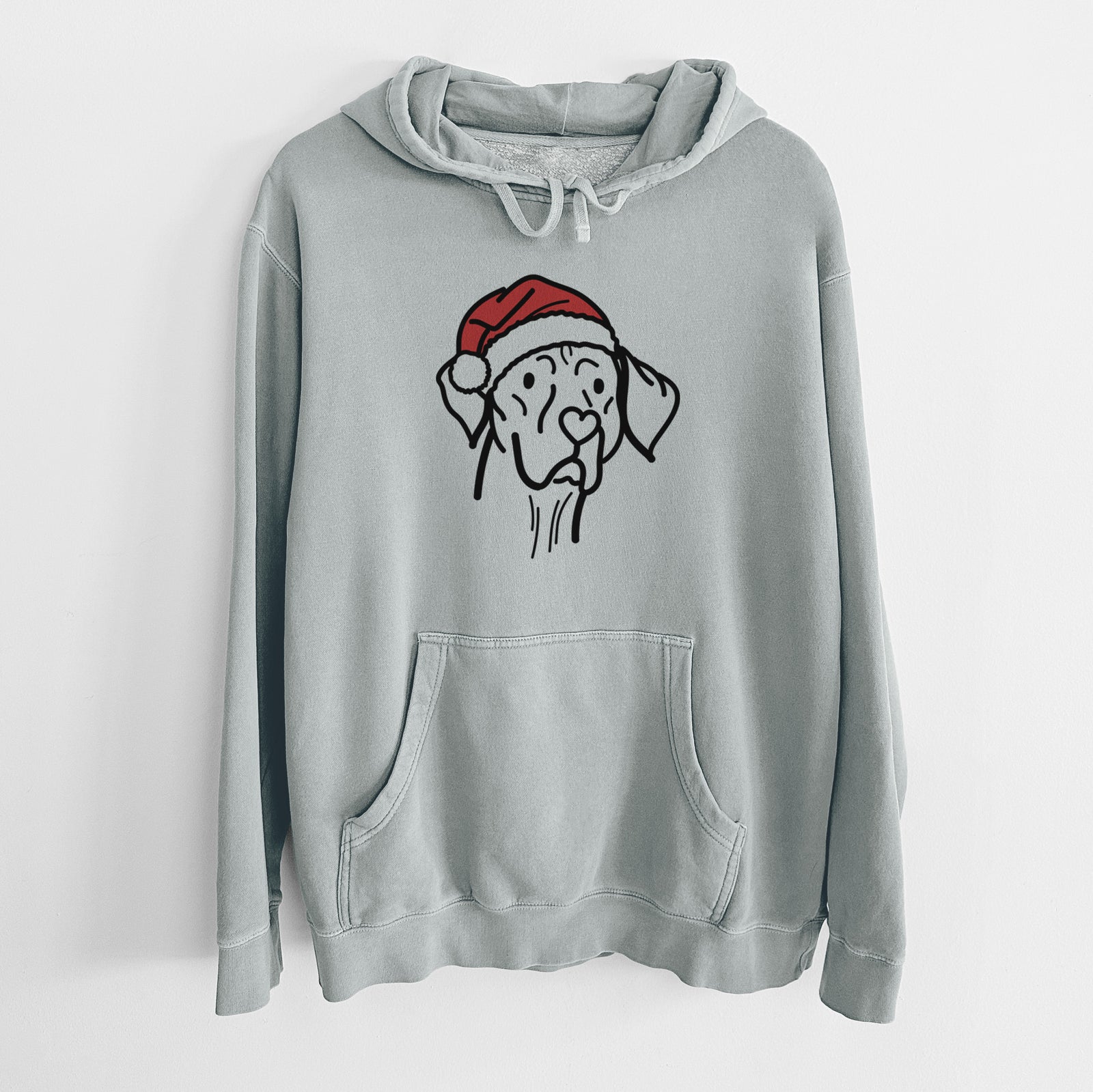 Minimalist line drawing of Moose the Vizsla wearing a Santa hat on a Sage Unisex pigment dyed hoodie