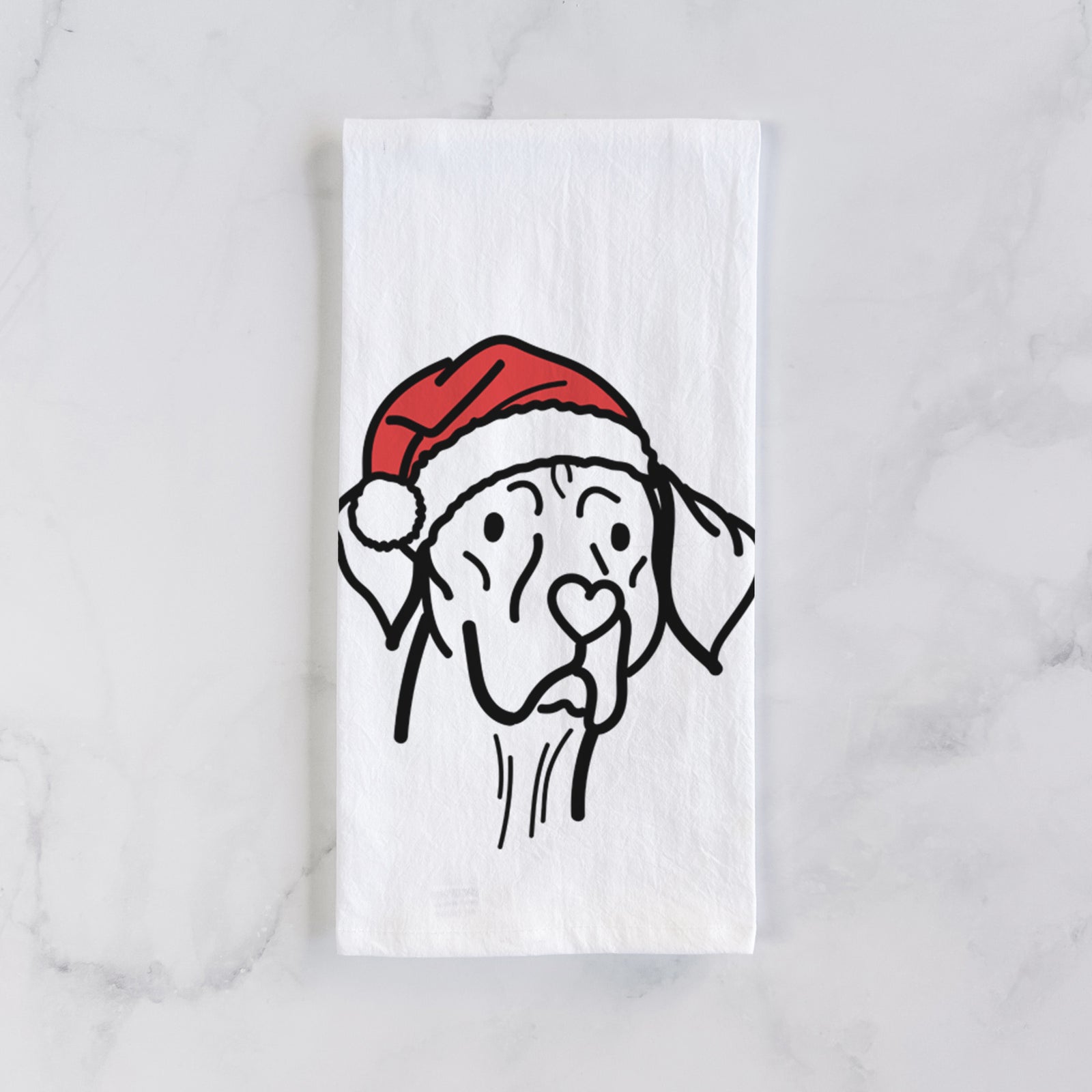 Minimalist line drawing of Moose the Vizsla wearing a Santa hat on a tea towel