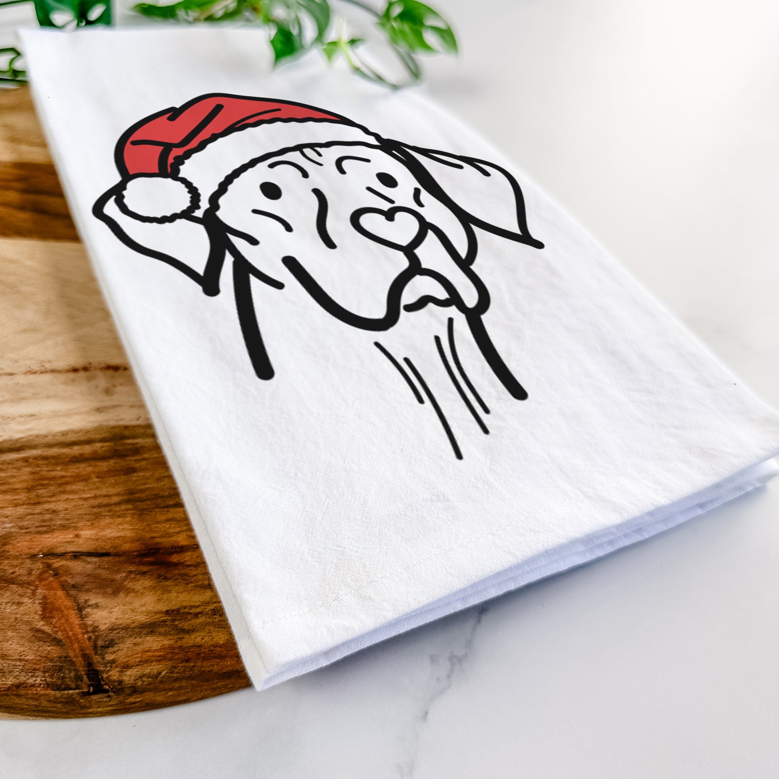 Minimalist line drawing of Moose the Vizsla wearing a Santa hat on a tea towel