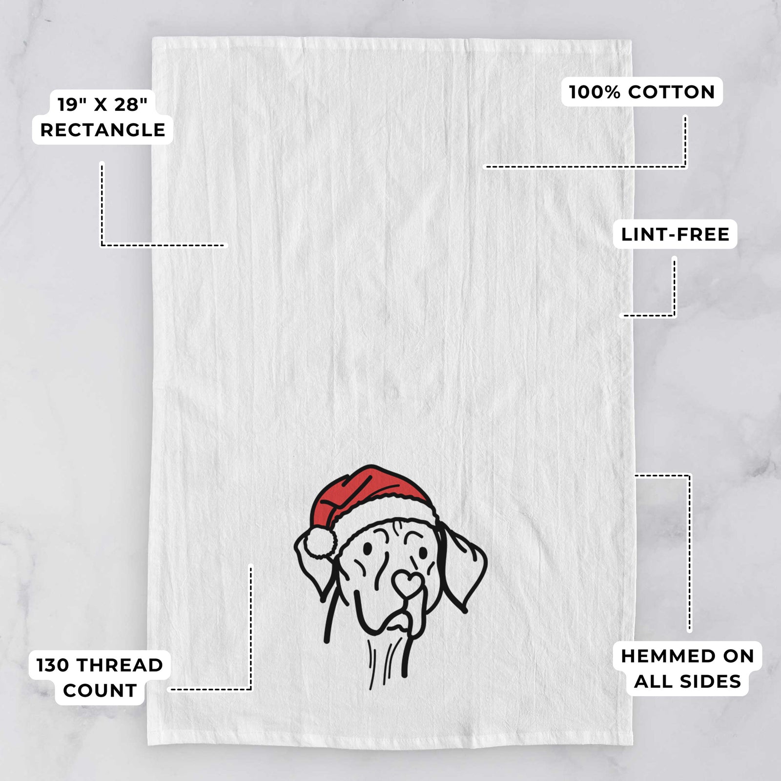 Minimalist line drawing of Moose the Vizsla wearing a Santa hat on a tea towel, with feature callouts: 19 x 28 inch rectangle, 100% cotton, lint-free, 120 thread count, hemmed on all sides