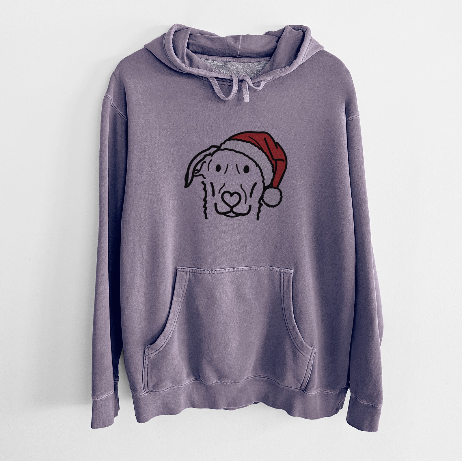 Minimalist line drawing of Morrison the German Shepherd Mix wearing a Santa hat on a Plum Unisex pigment dyed hoodie