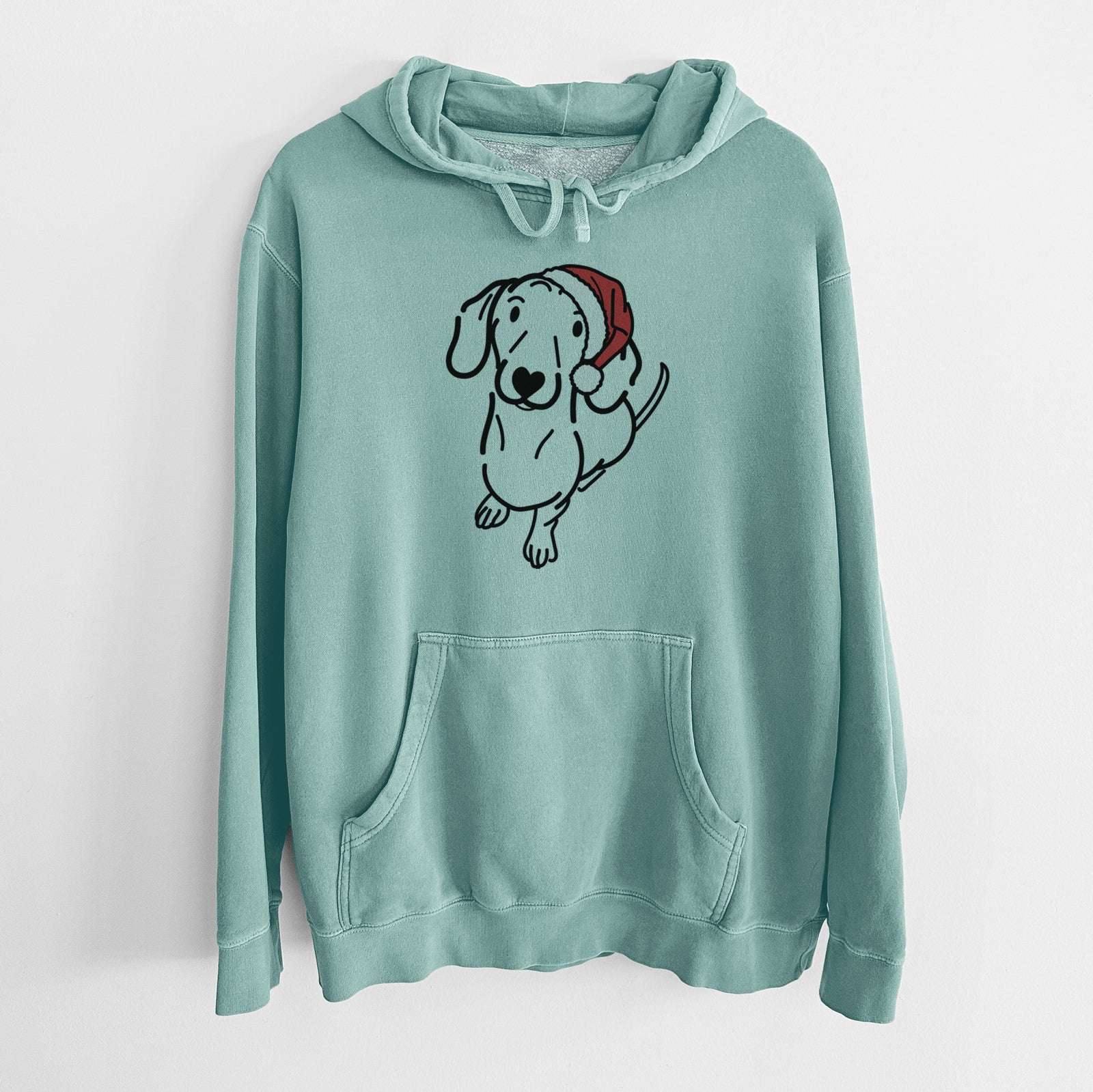 Minimalist line drawing of Moxie the Dachshund wearing a Santa hat on a Mint Unisex pigment dyed hoodie