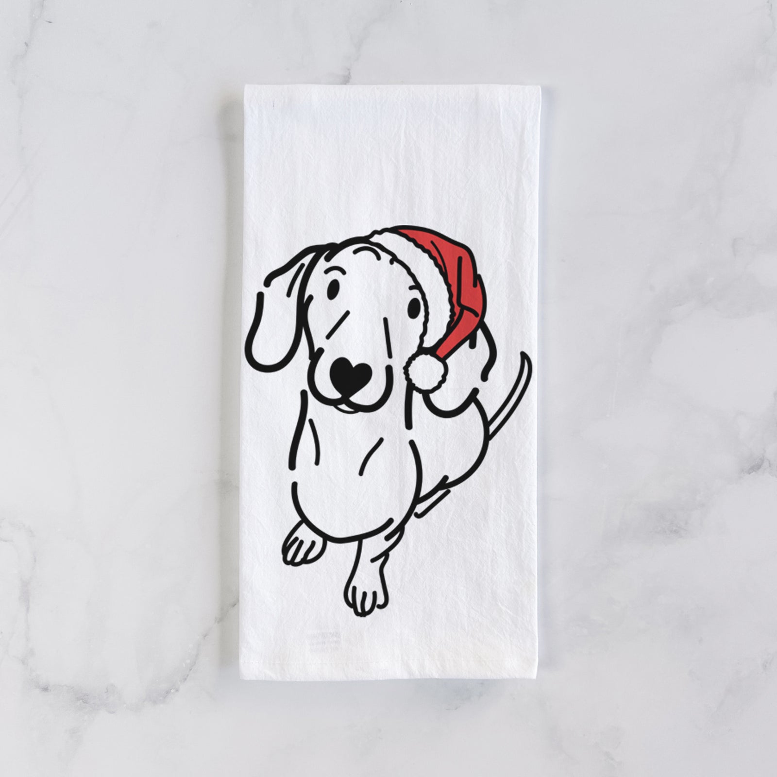 Minimalist line drawing of Moxie the Dachshund wearing a Santa hat on a tea towel