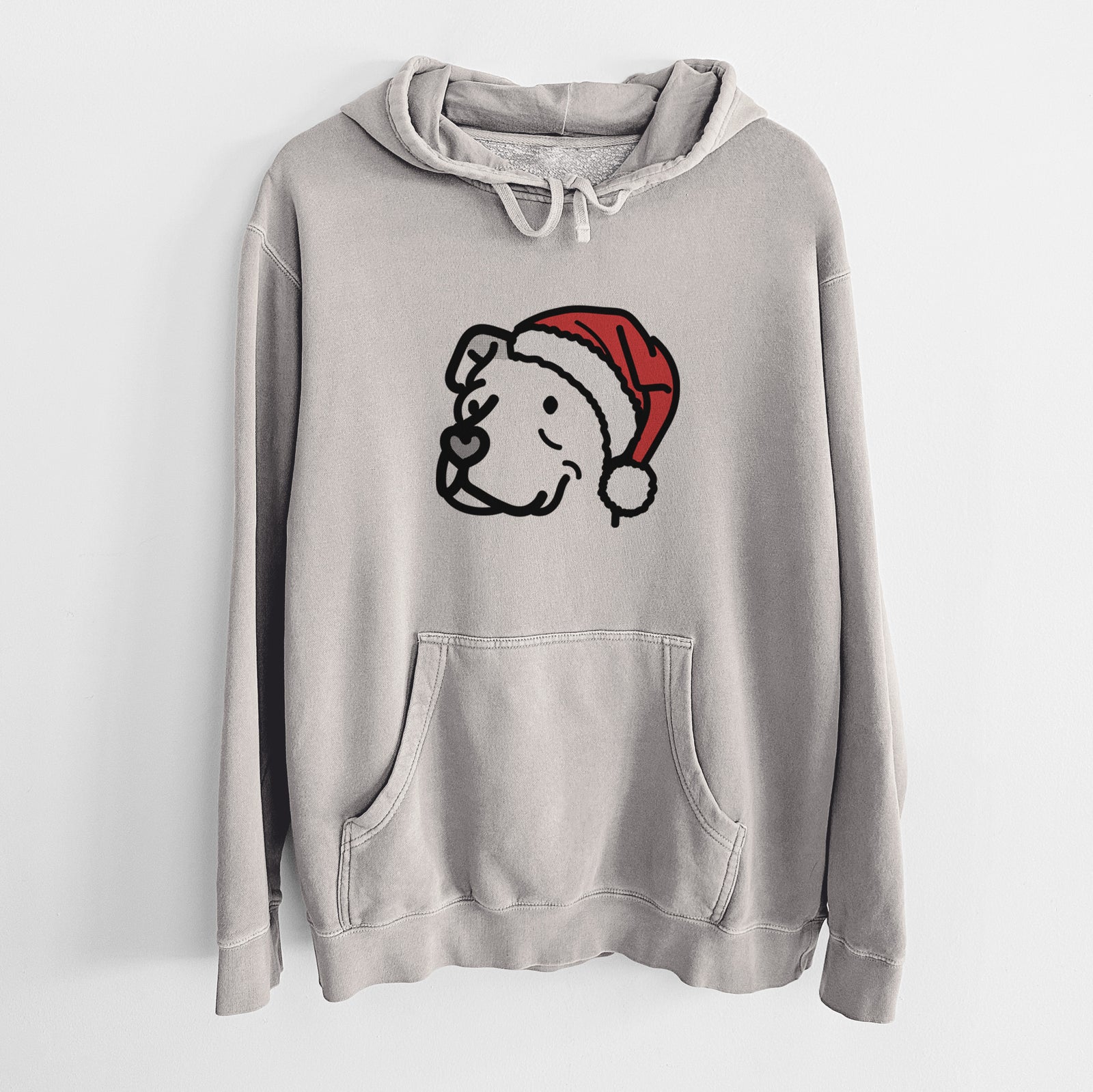 Minimalist line drawing of Mr. Sir the Pitbull Mix wearing a Santa hat on a Cement Unisex pigment dyed hoodie