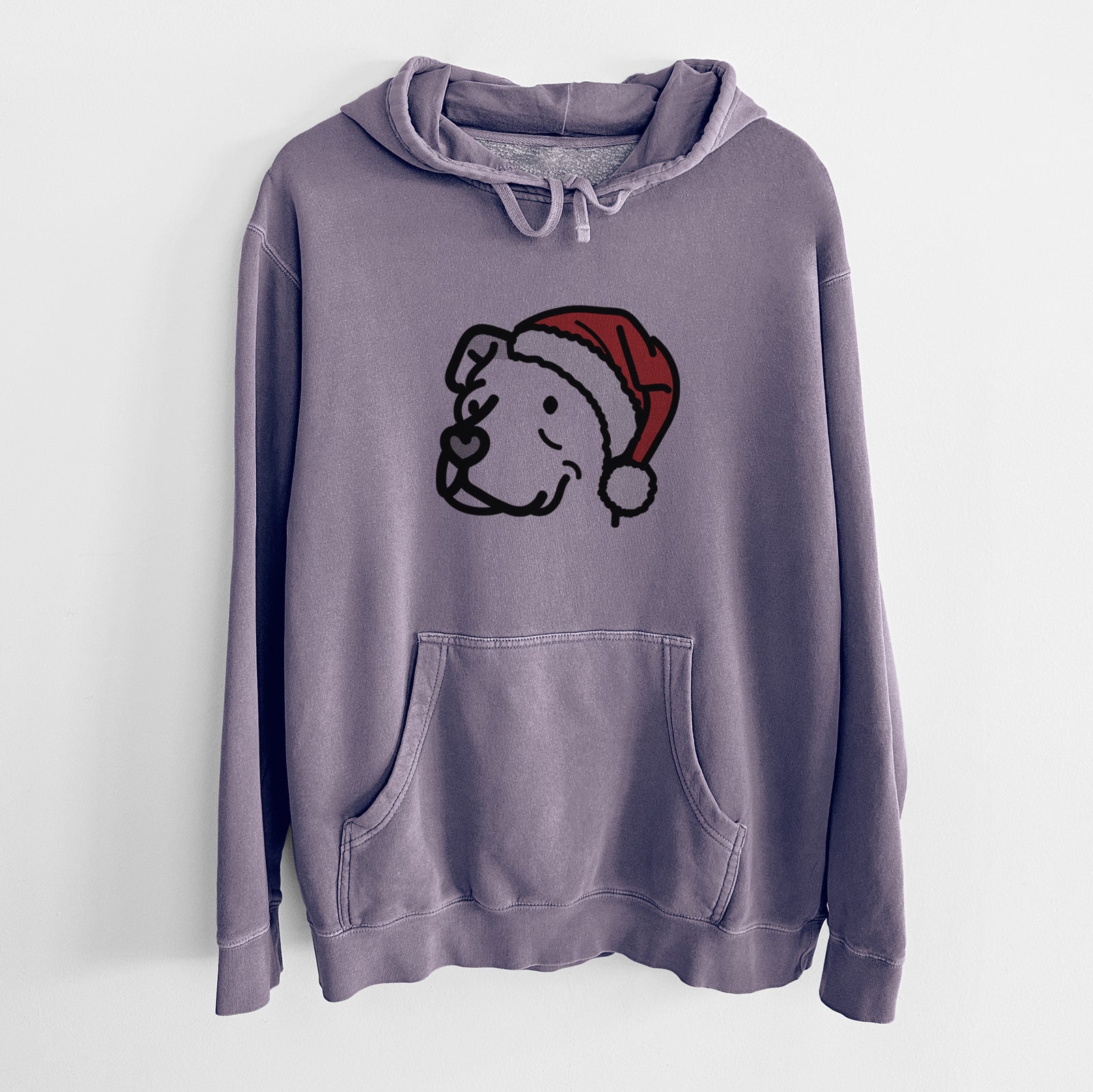 Minimalist line drawing of Mr. Sir the Pitbull Mix wearing a Santa hat on a Plum Unisex pigment dyed hoodie