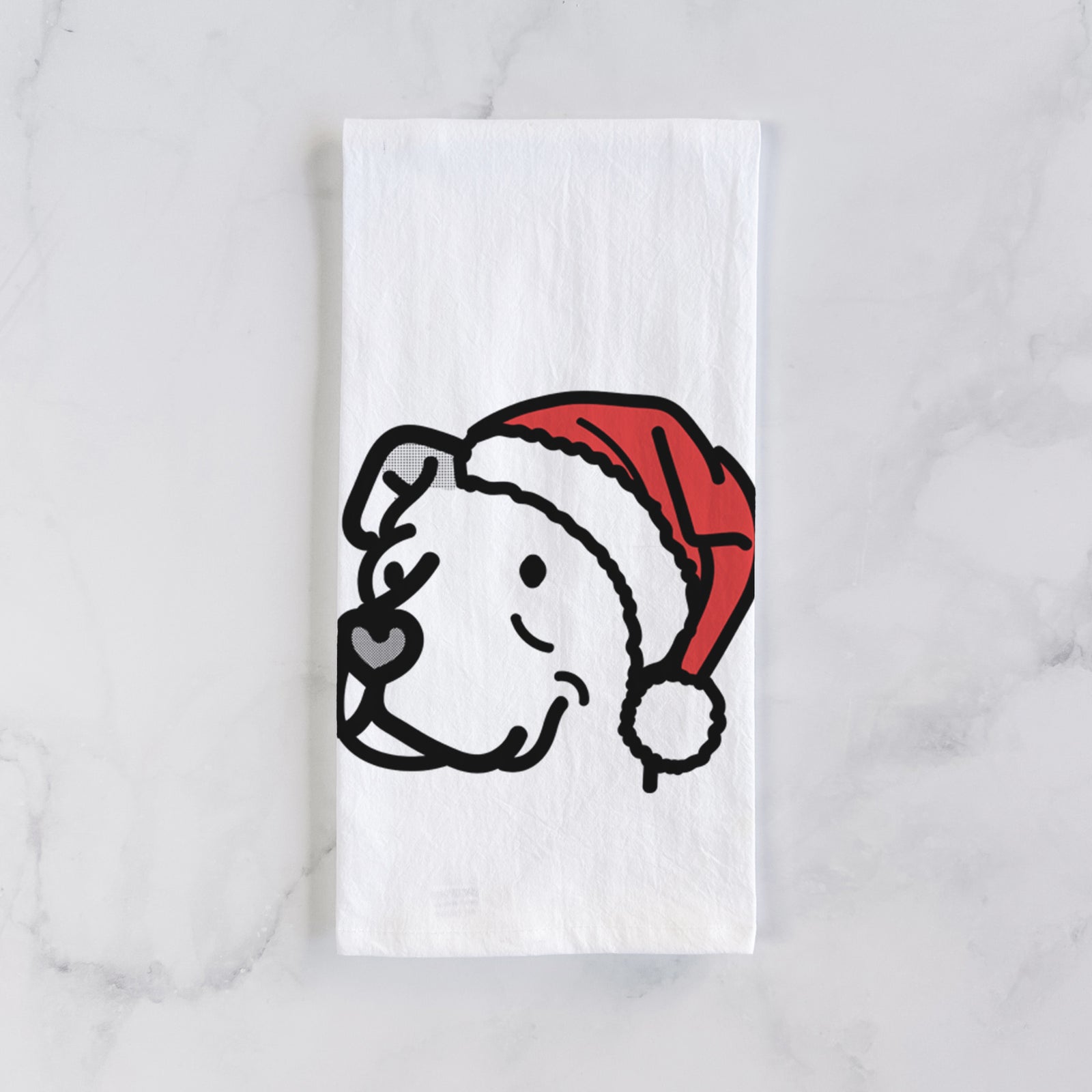 Minimalist line drawing of Mr. Sir the Pitbull Mix wearing a Santa hat on a tea towel
