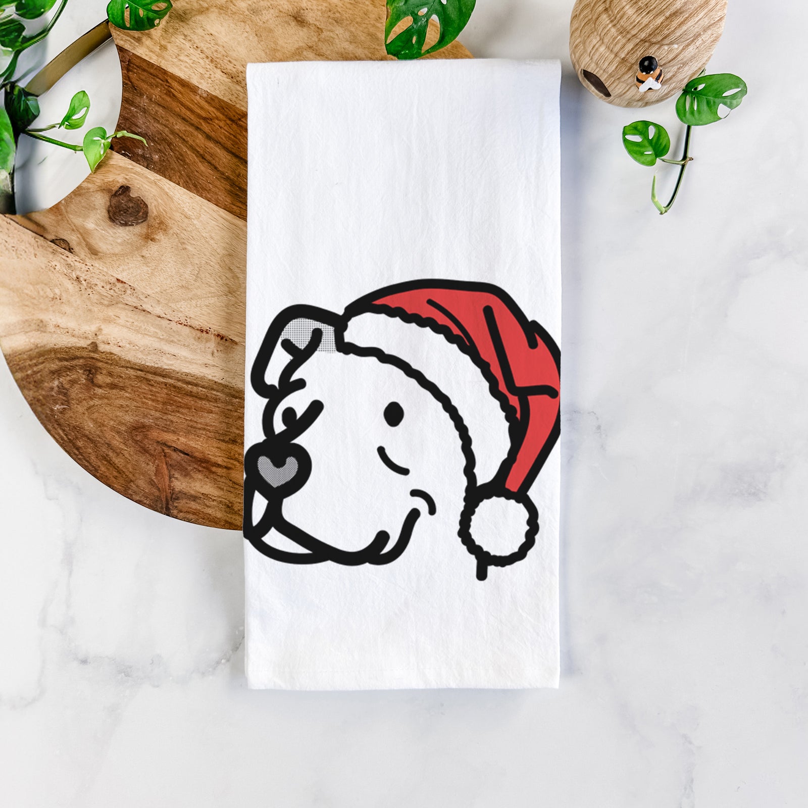Minimalist line drawing of Mr. Sir the Pitbull Mix wearing a Santa hat on a tea towel
