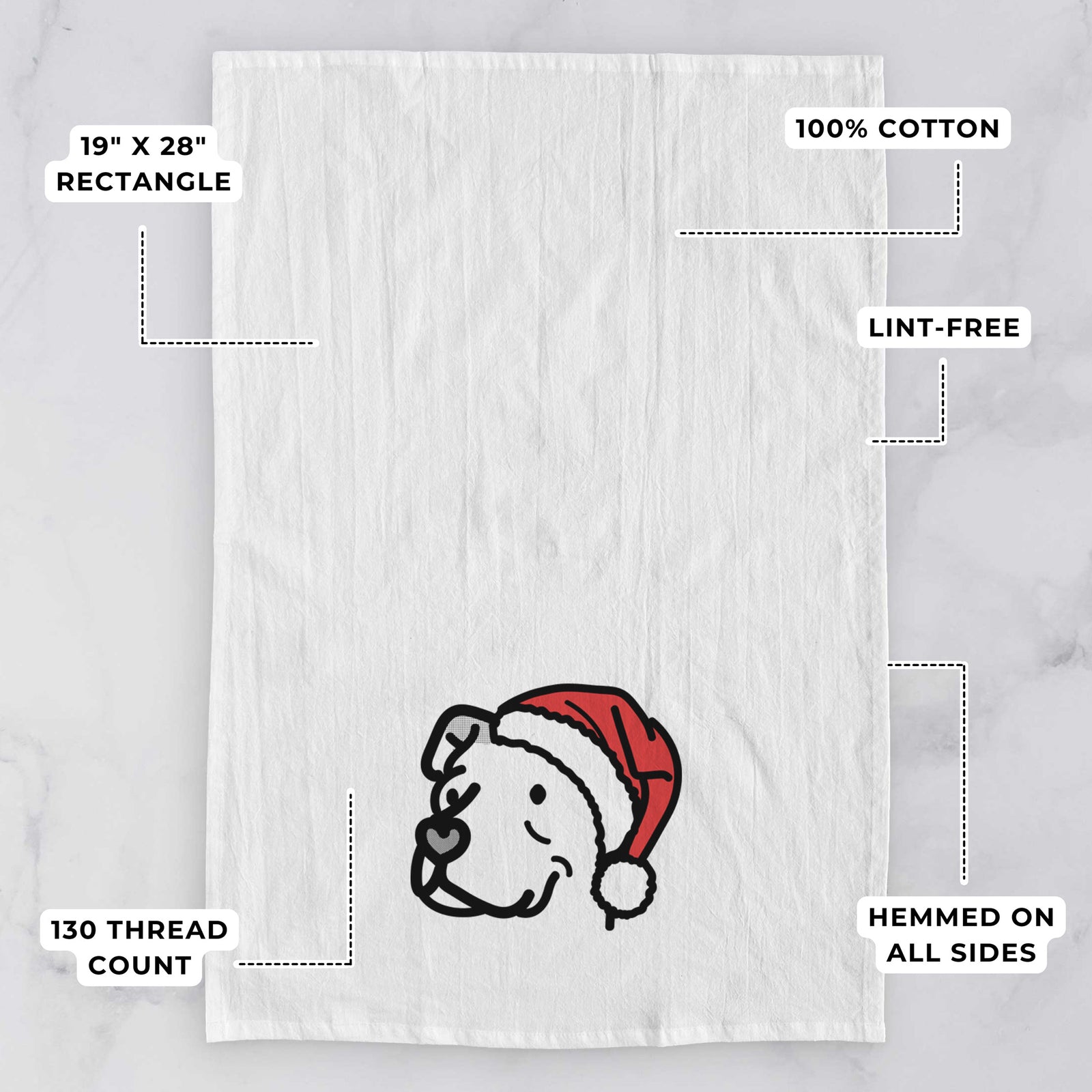 Minimalist line drawing of Mr. Sir the Pitbull Mix wearing a Santa hat on a tea towel, with feature callouts: 19 x 28 inch rectangle, 100% cotton, lint-free, 120 thread count, hemmed on all sides