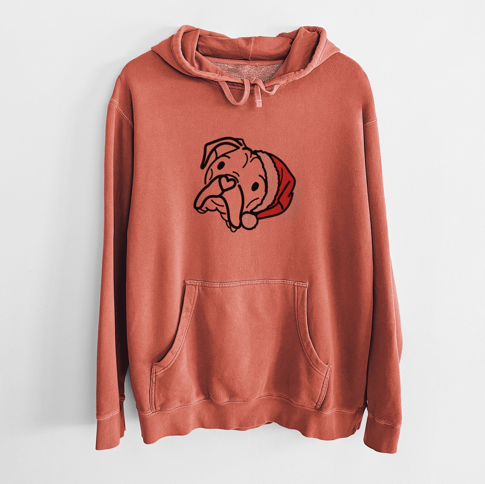 Minimalist line drawing of Noodle the Boxer wearing a Santa hat on an Amber Unisex pigment dyed hoodie
