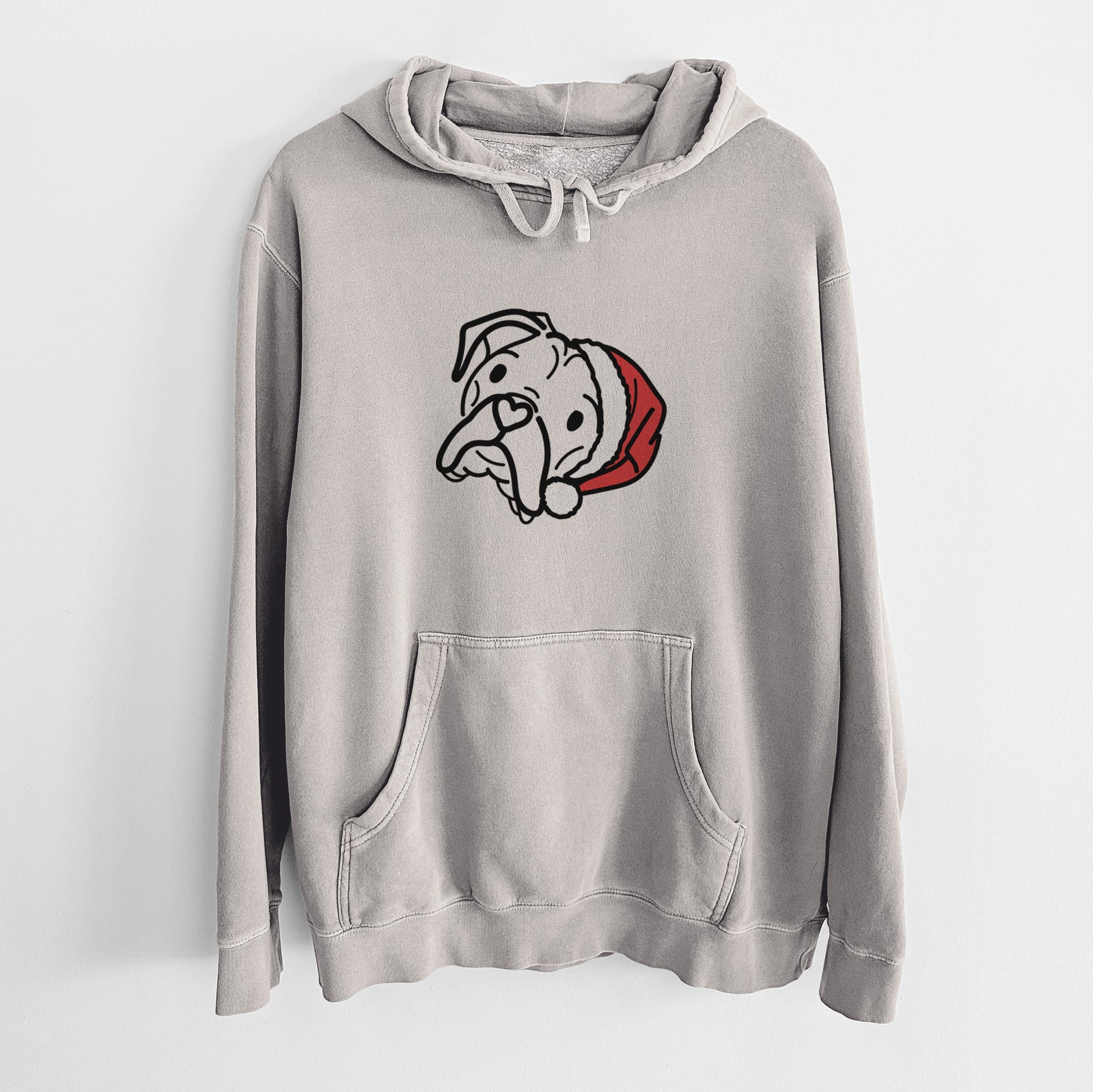 Minimalist line drawing of Noodle the Boxer wearing a Santa hat on a Cement Unisex pigment dyed hoodie