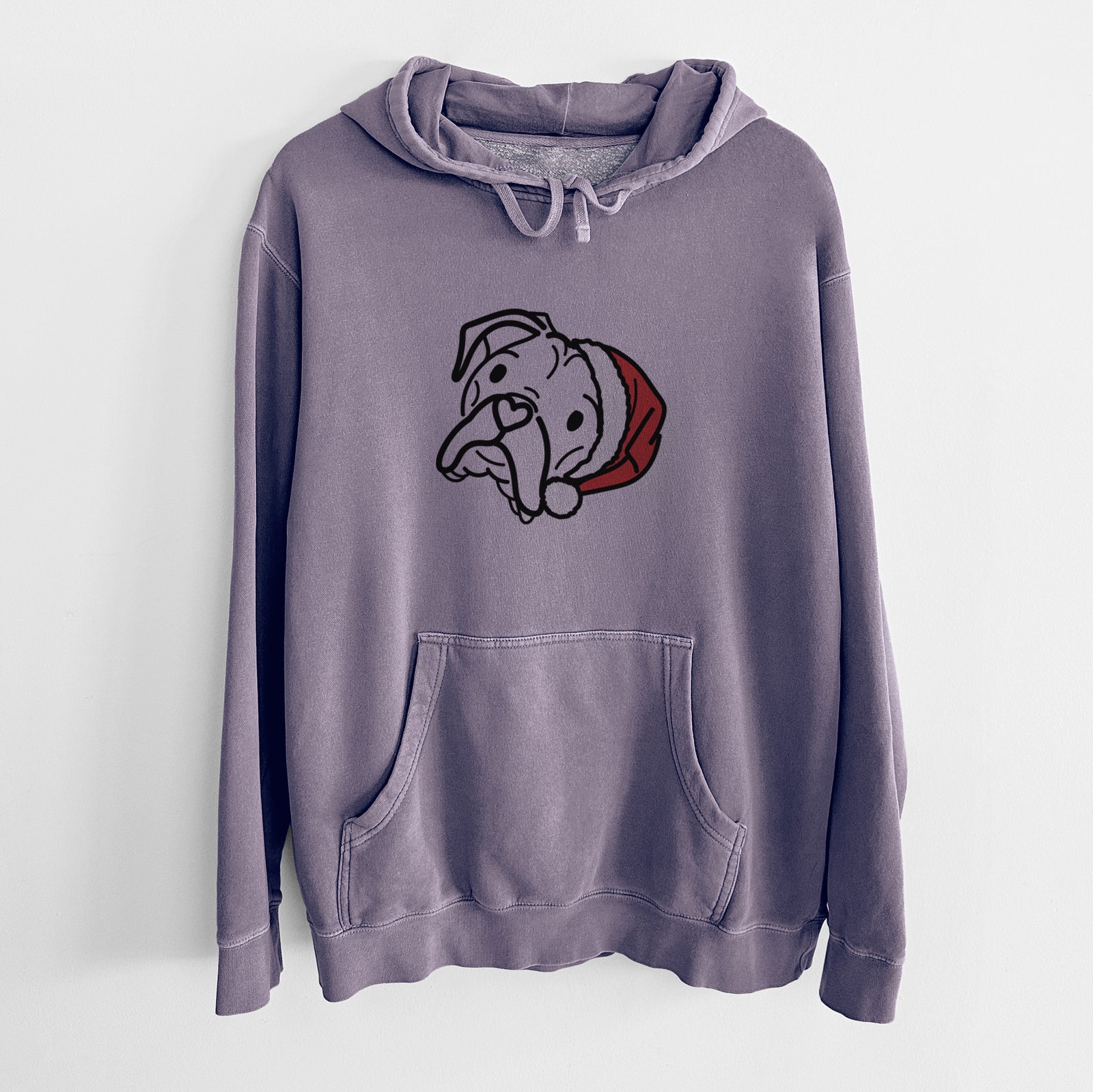 Minimalist line drawing of Noodle the Boxer wearing a Santa hat on a Plum Unisex pigment dyed hoodie