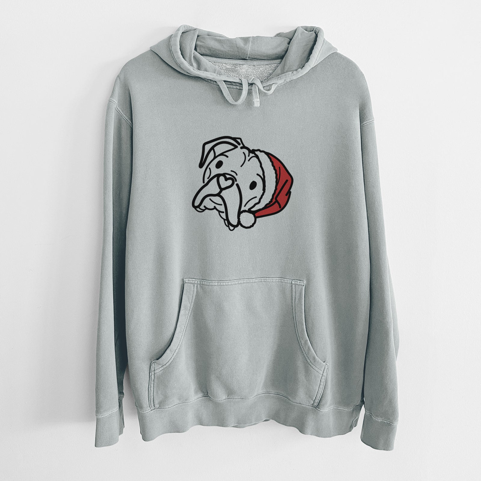 Minimalist line drawing of Noodle the Boxer wearing a Santa hat on a Sage Unisex pigment dyed hoodie