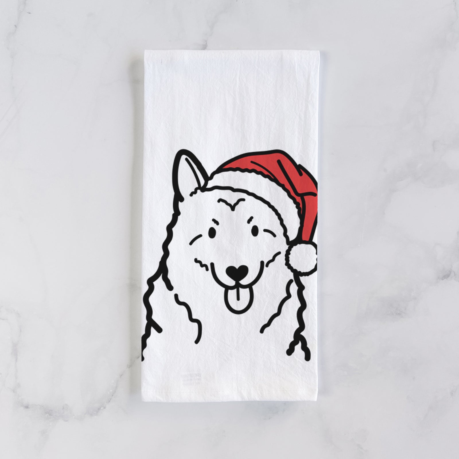 Minimalist line drawing of a Norwegian Elkhound wearing a Santa hat on a tea towel