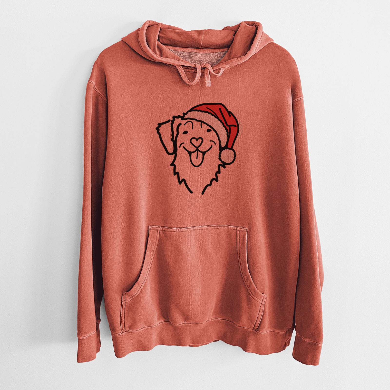 Minimalist line drawing of a Nova Scotia Duck Tolling Retriever wearing a Santa hat on an Amber Unisex pigment dyed hoodie