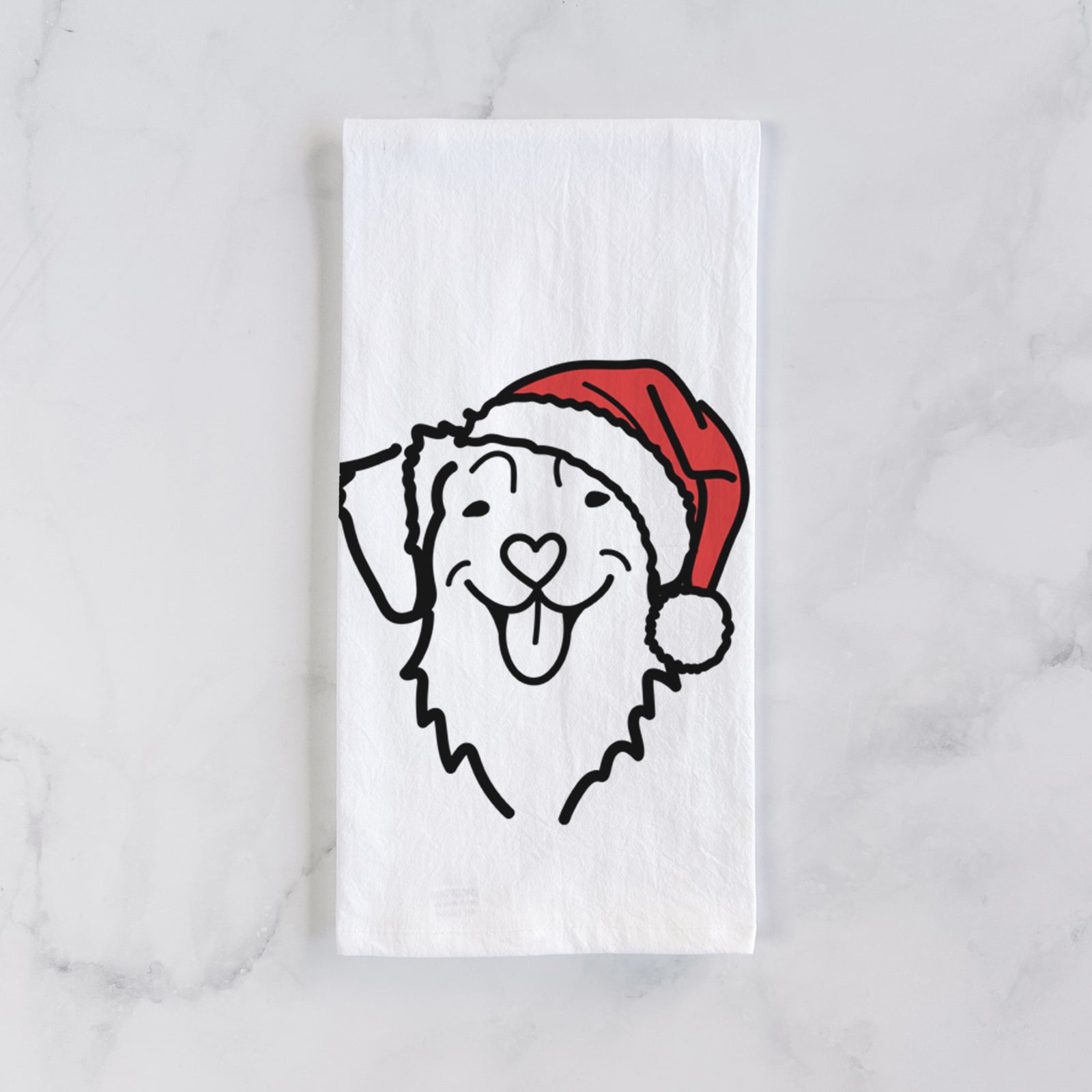 Minimalist line drawing of a Nova Scotia Duck Tolling Retriever wearing a Santa hat on a tea towel