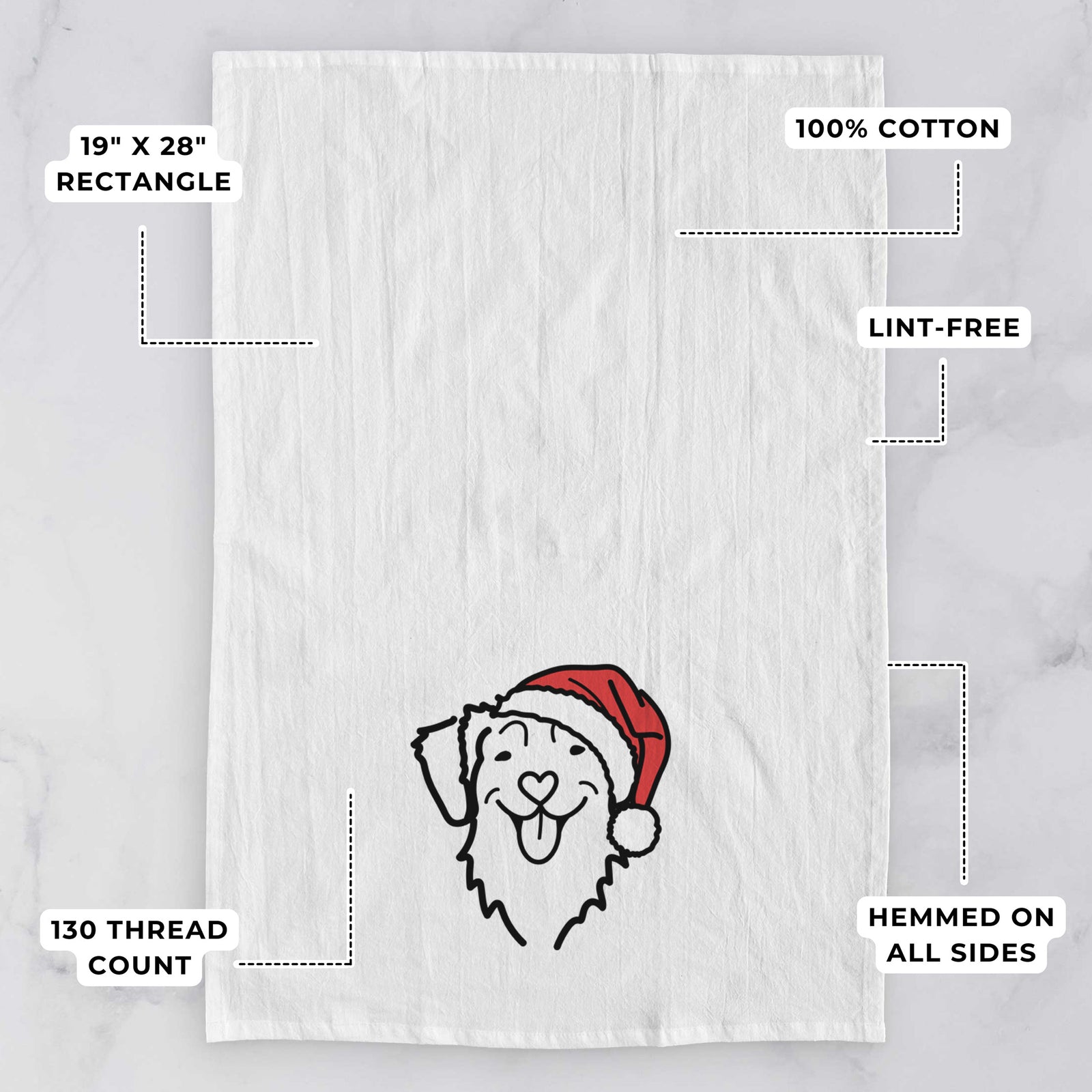 Minimalist line drawing of a Nova Scotia Duck Tolling Retriever wearing a Santa hat on a tea towel, with feature callouts: 19 x 28 inch rectangle, 100% cotton, lint-free, 120 thread count, hemmed on all sides