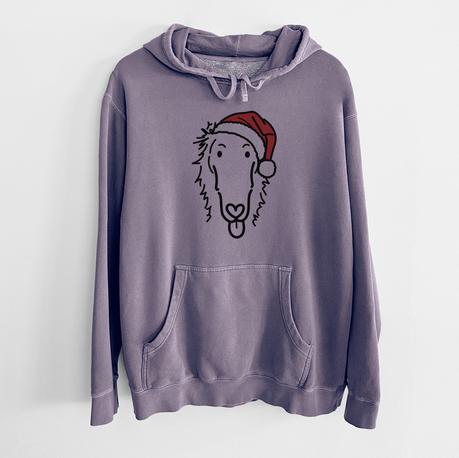 Minimalist line drawing of Opal the Borzoi wearing a Santa hat on a Plum Unisex pigment dyed hoodie
