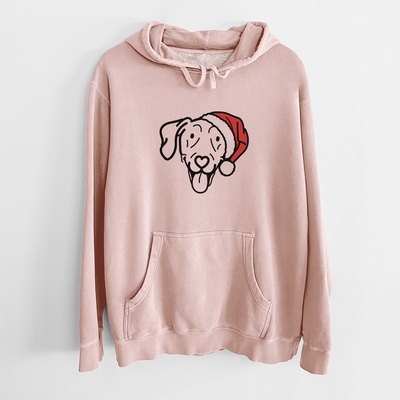 Minimalist line drawing of Paco Lobo the Weimaraner wearing a Santa hat on a Dusty Pink Unisex pigment dyed hoodie
