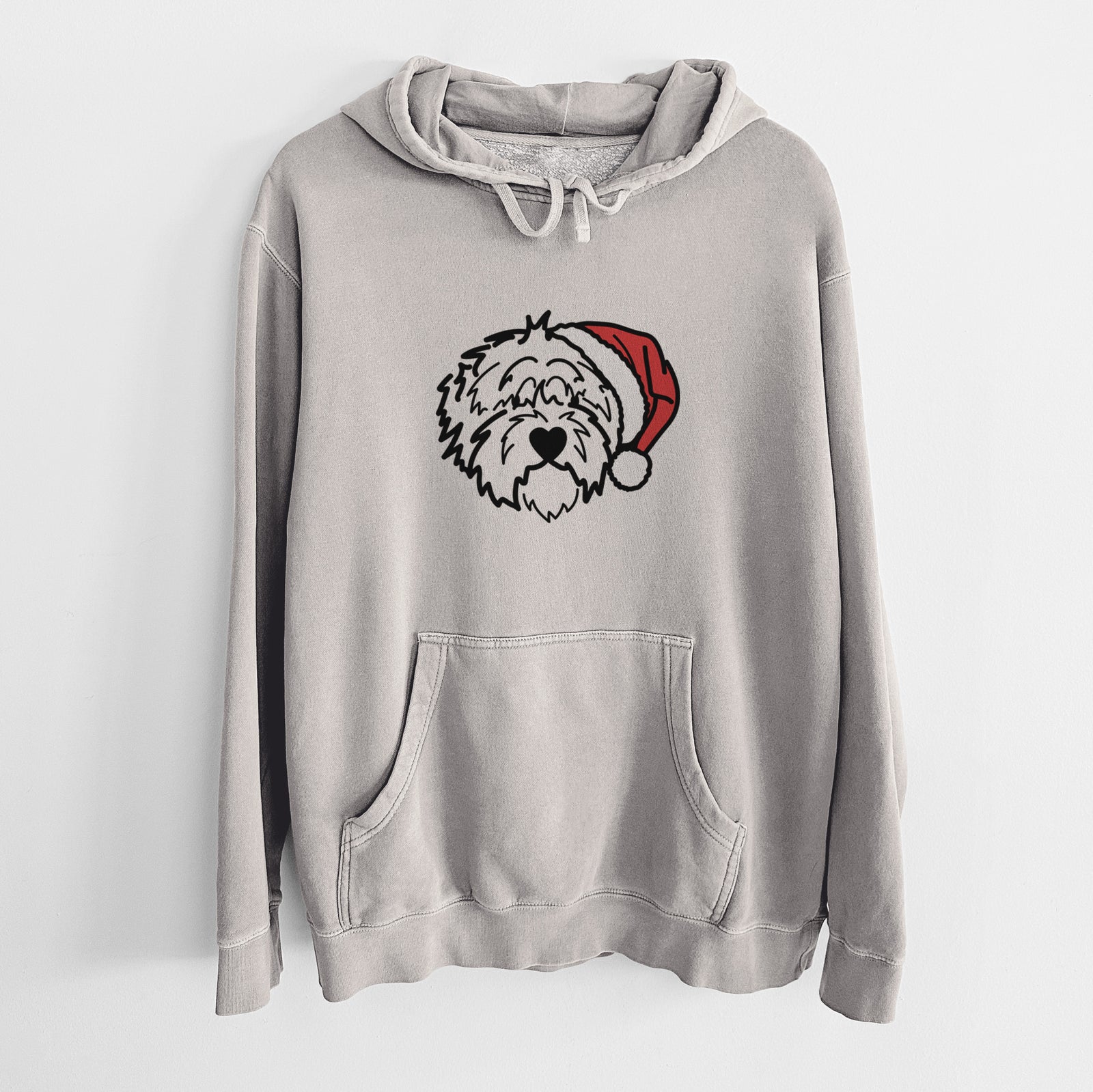 Minimalist line drawing of Penny the Old English Sheepdog wearing a Santa hat on a Cement Unisex pigment dyed hoodie