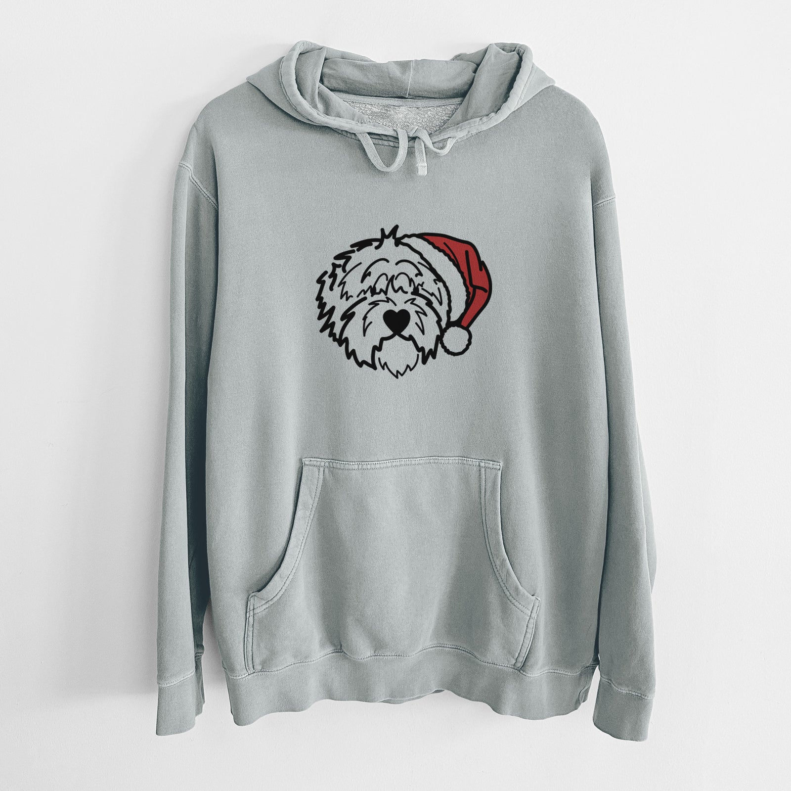 Minimalist line drawing of Penny the Old English Sheepdog wearing a Santa hat on a Sage Unisex pigment dyed hoodie