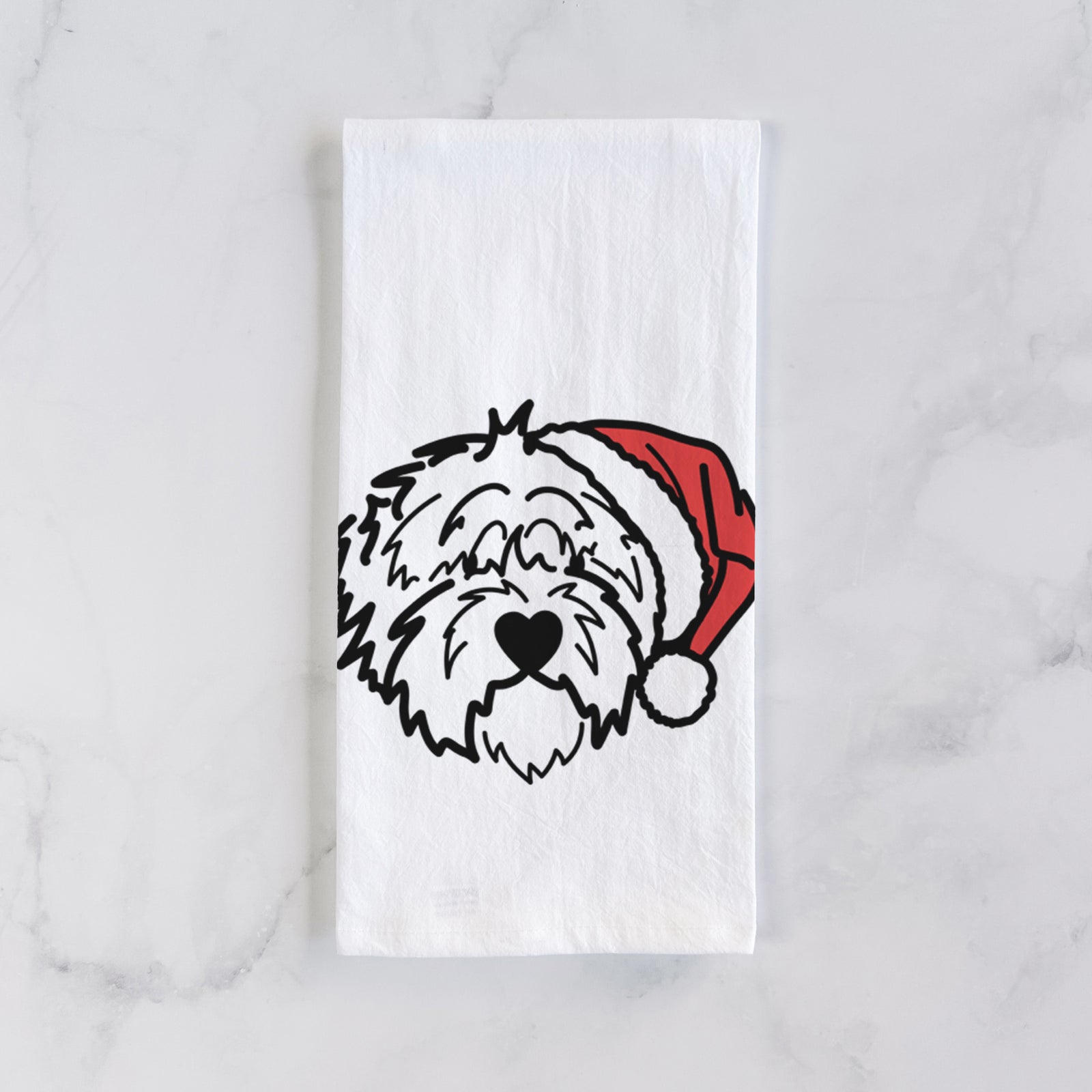 Minimalist line drawing of Penny the Old English Sheepdog wearing a Santa hat on a tea towel