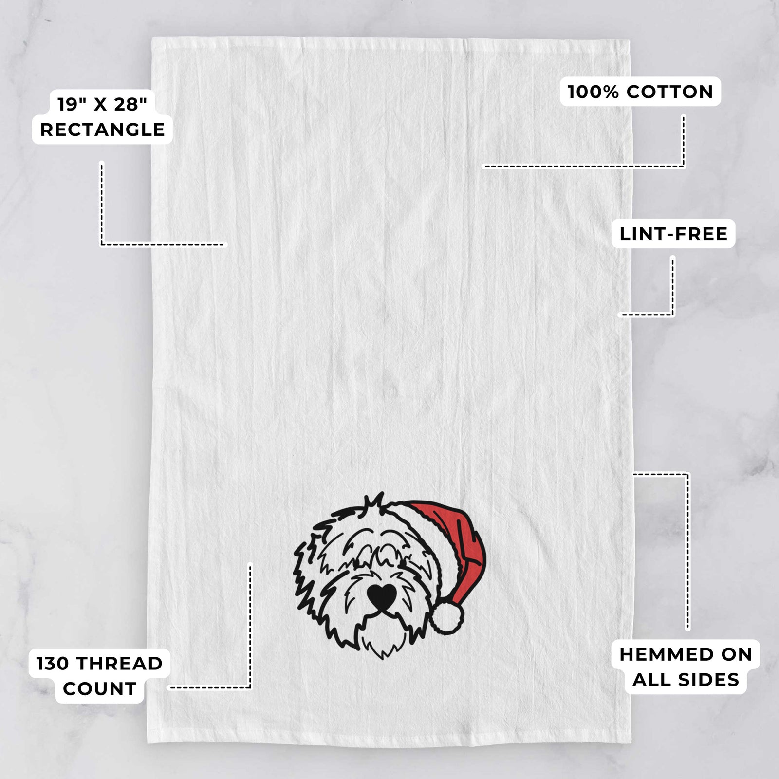 Minimalist line drawing of Penny the Old English Sheepdog wearing a Santa hat on a tea towel, with feature callouts: 19 x 28 inch rectangle, 100% cotton, lint-free, 120 thread count, hemmed on all sides