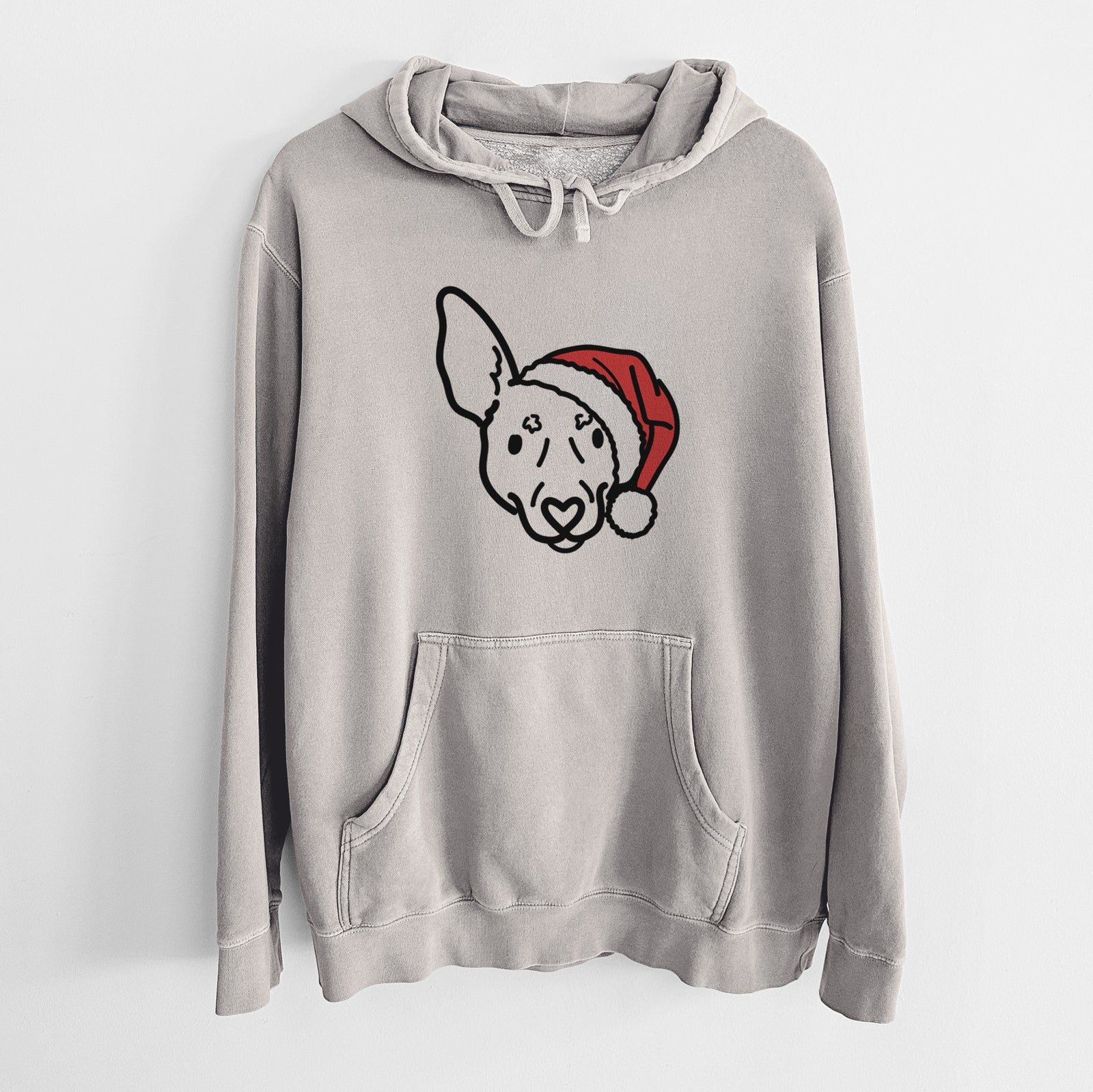 Minimalist line drawing of Penny the Rat Terrier wearing a Santa hat on a Cement Unisex pigment dyed hoodie