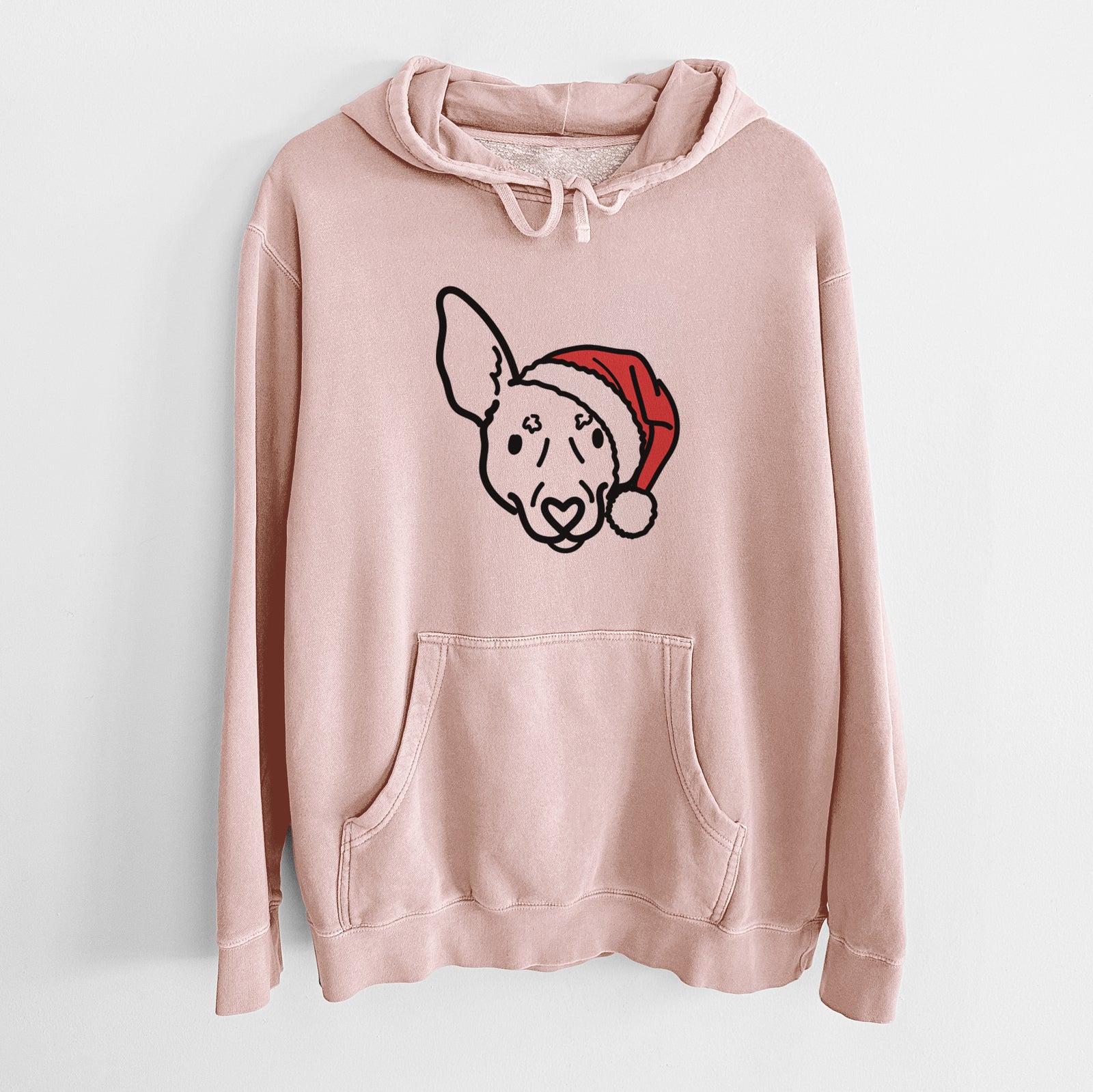 Minimalist line drawing of Penny the Rat Terrier wearing a Santa hat on a Dusty Pink Unisex pigment dyed hoodie