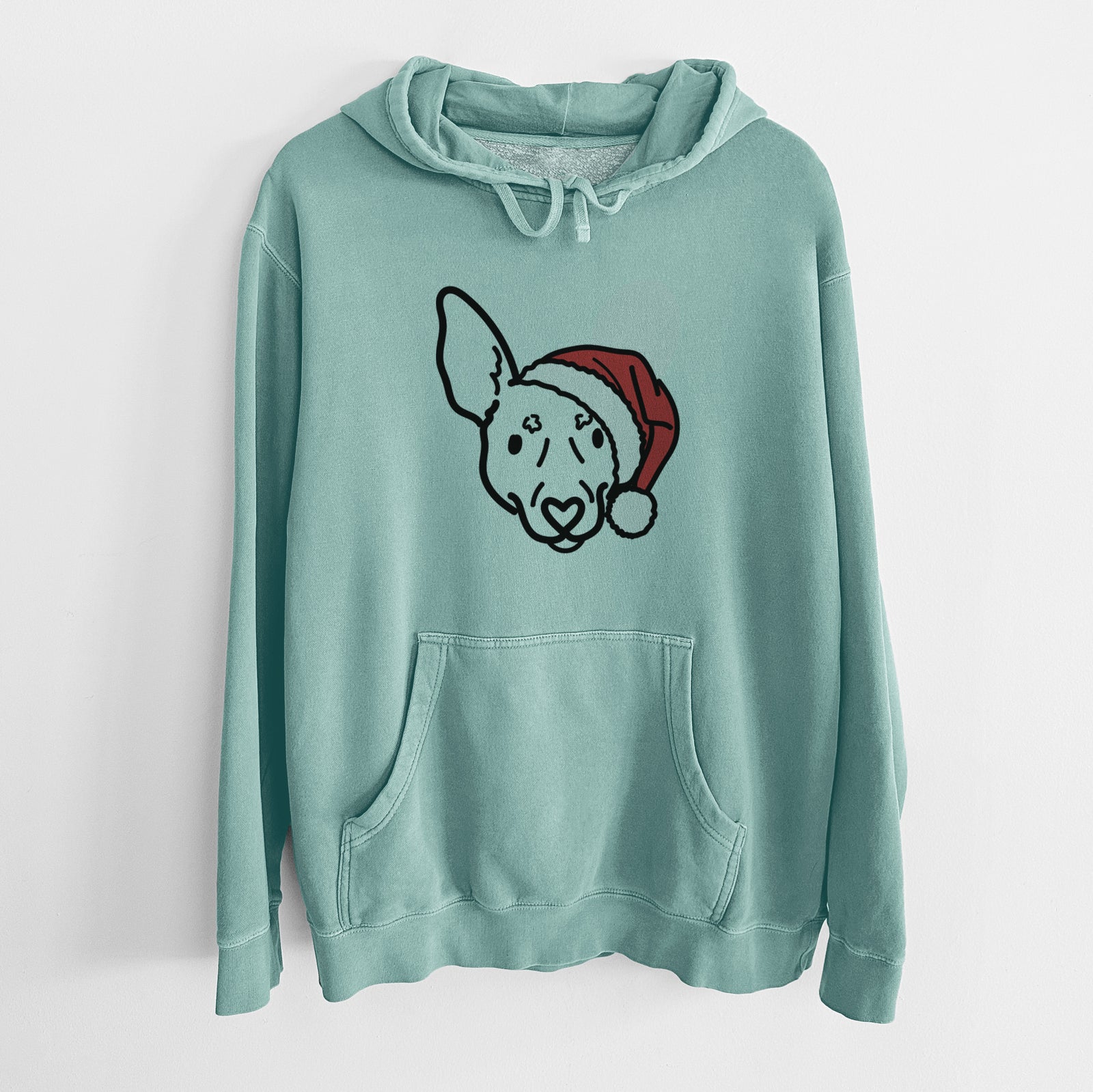 Minimalist line drawing of Penny the Rat Terrier wearing a Santa hat on a Mint Unisex pigment dyed hoodie