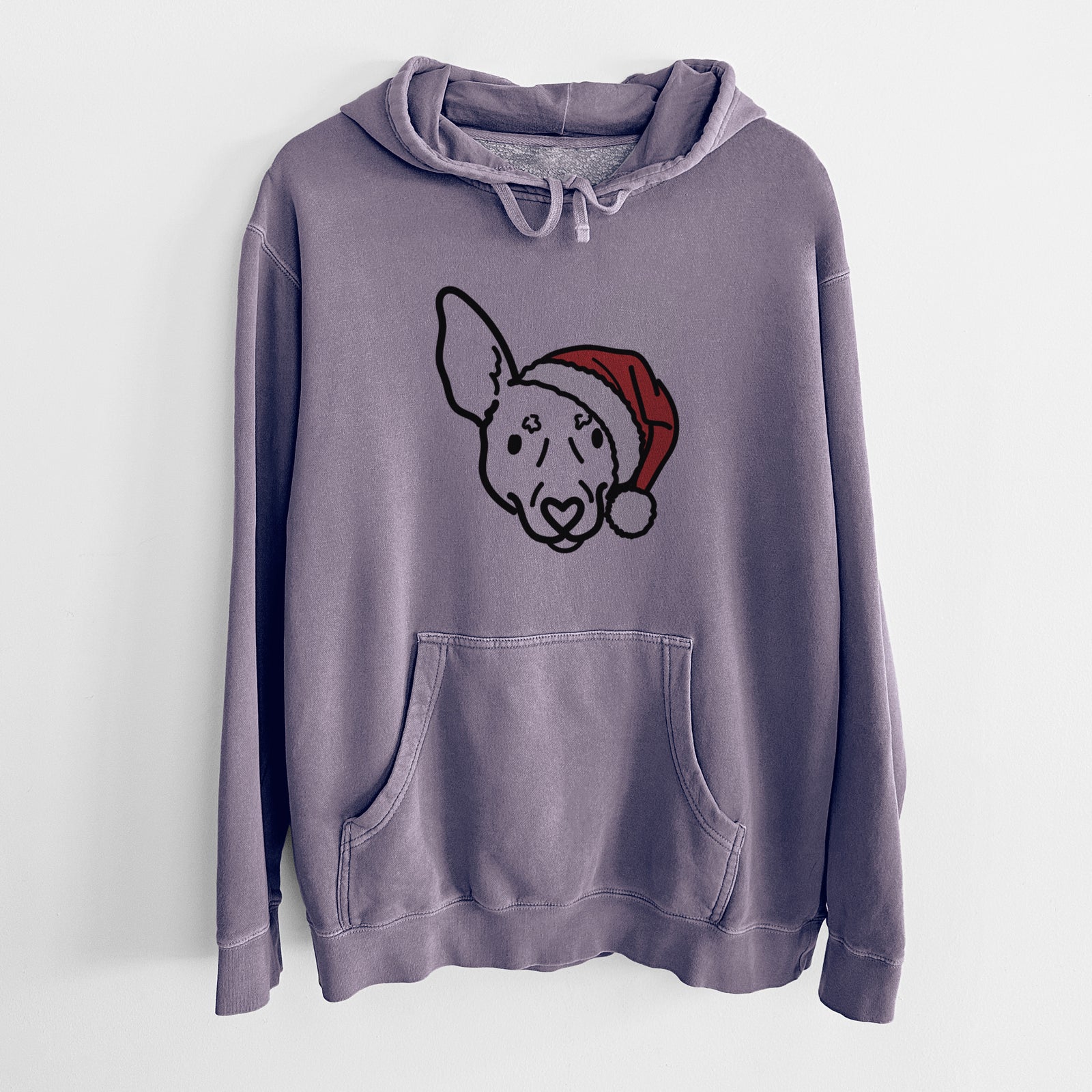 Minimalist line drawing of Penny the Rat Terrier wearing a Santa hat on a Plum Unisex pigment dyed hoodie