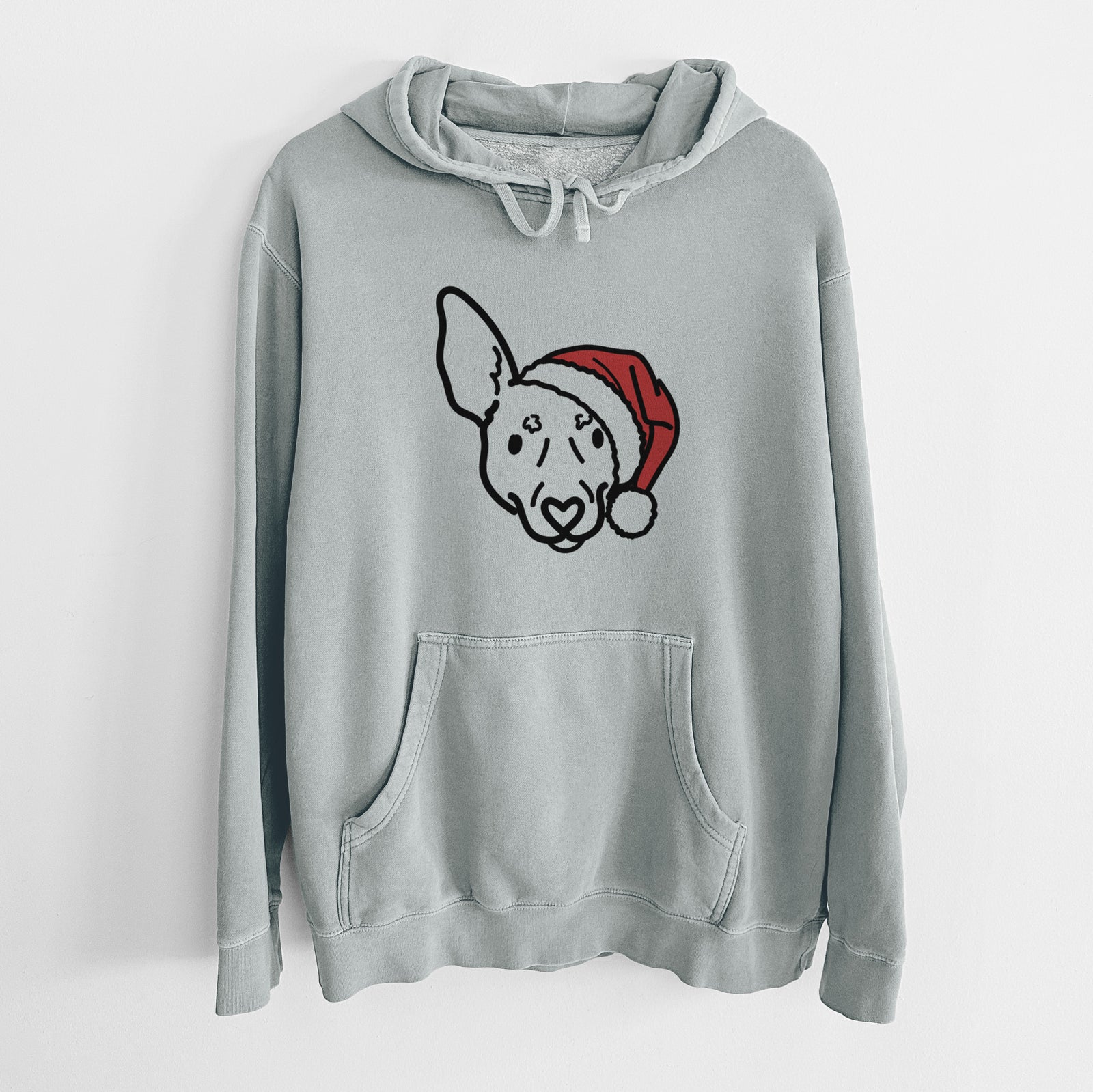 Minimalist line drawing of Penny the Rat Terrier wearing a Santa hat on a Sage Unisex pigment dyed hoodie